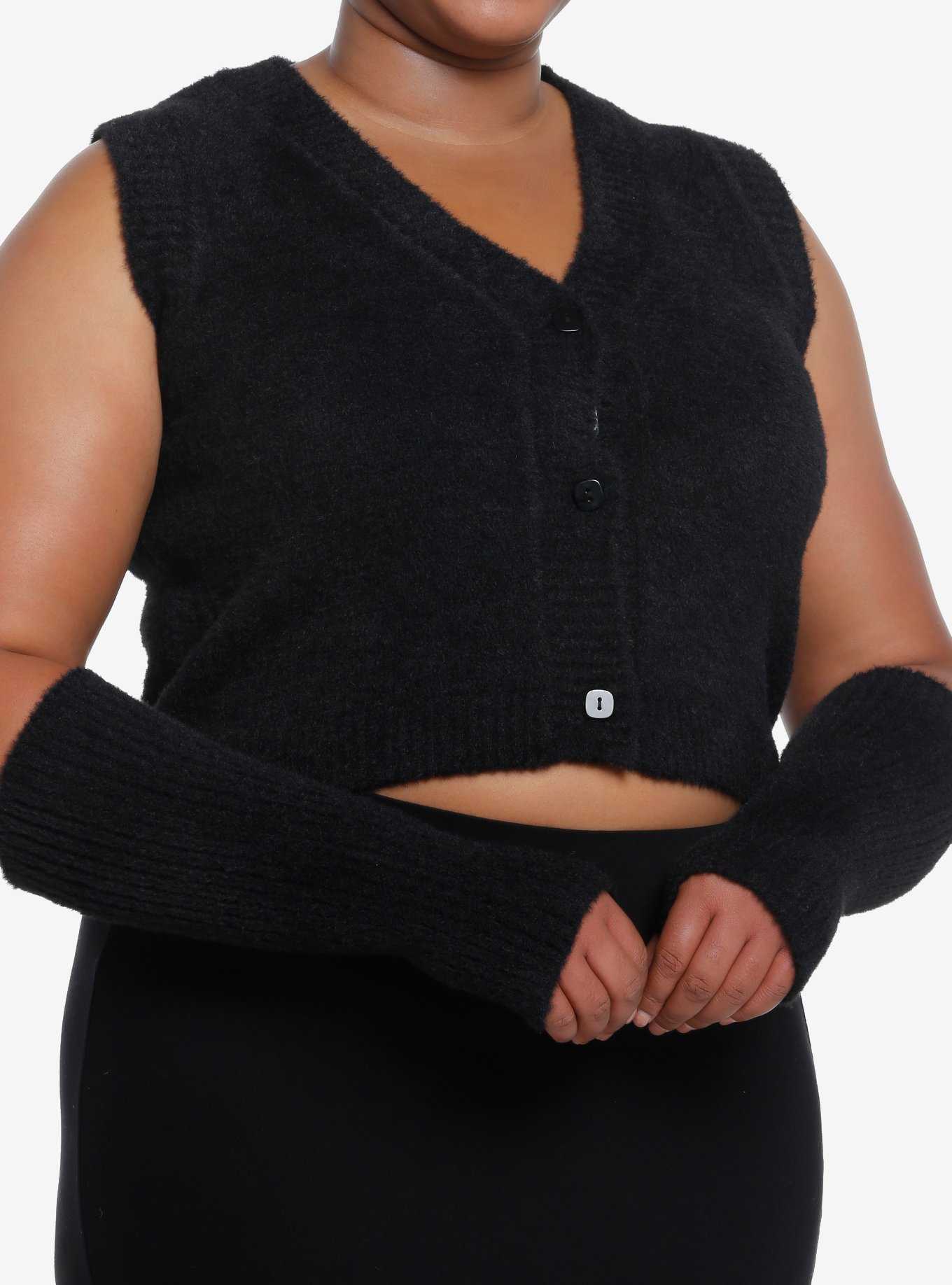 Cosmic Aura Black Fuzzy Girls Vest With Arm Warmers Plus Size, , hi-res