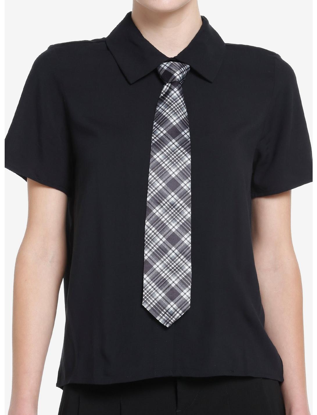 Social Collision Black Plaid Tie Girls Woven Button-Up, BLACK, hi-res