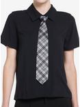 Social Collision Black Plaid Tie Girls Woven Button-Up, BLACK, hi-res