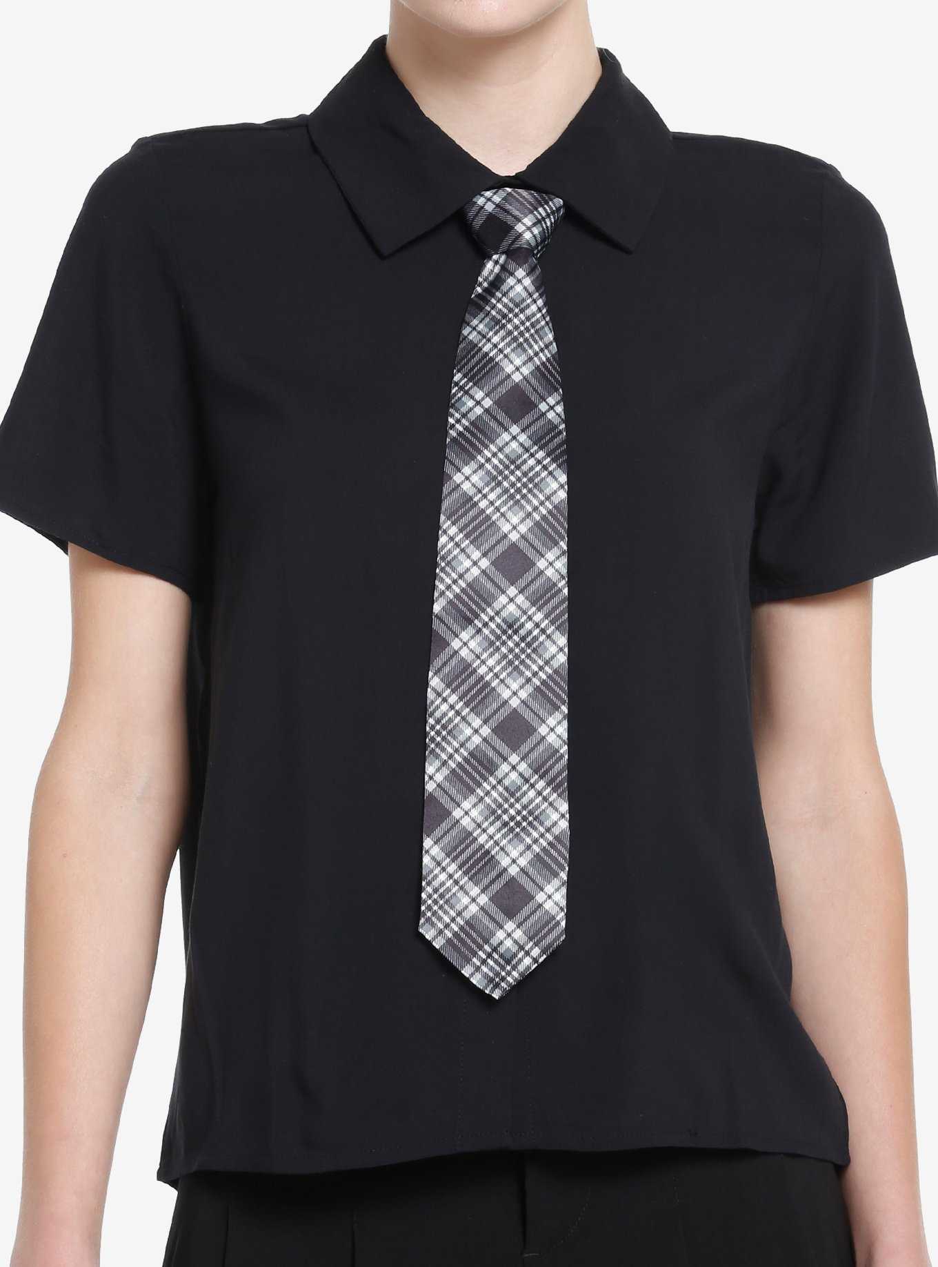 Social Collision Black Plaid Tie Girls Woven Button-Up, , hi-res
