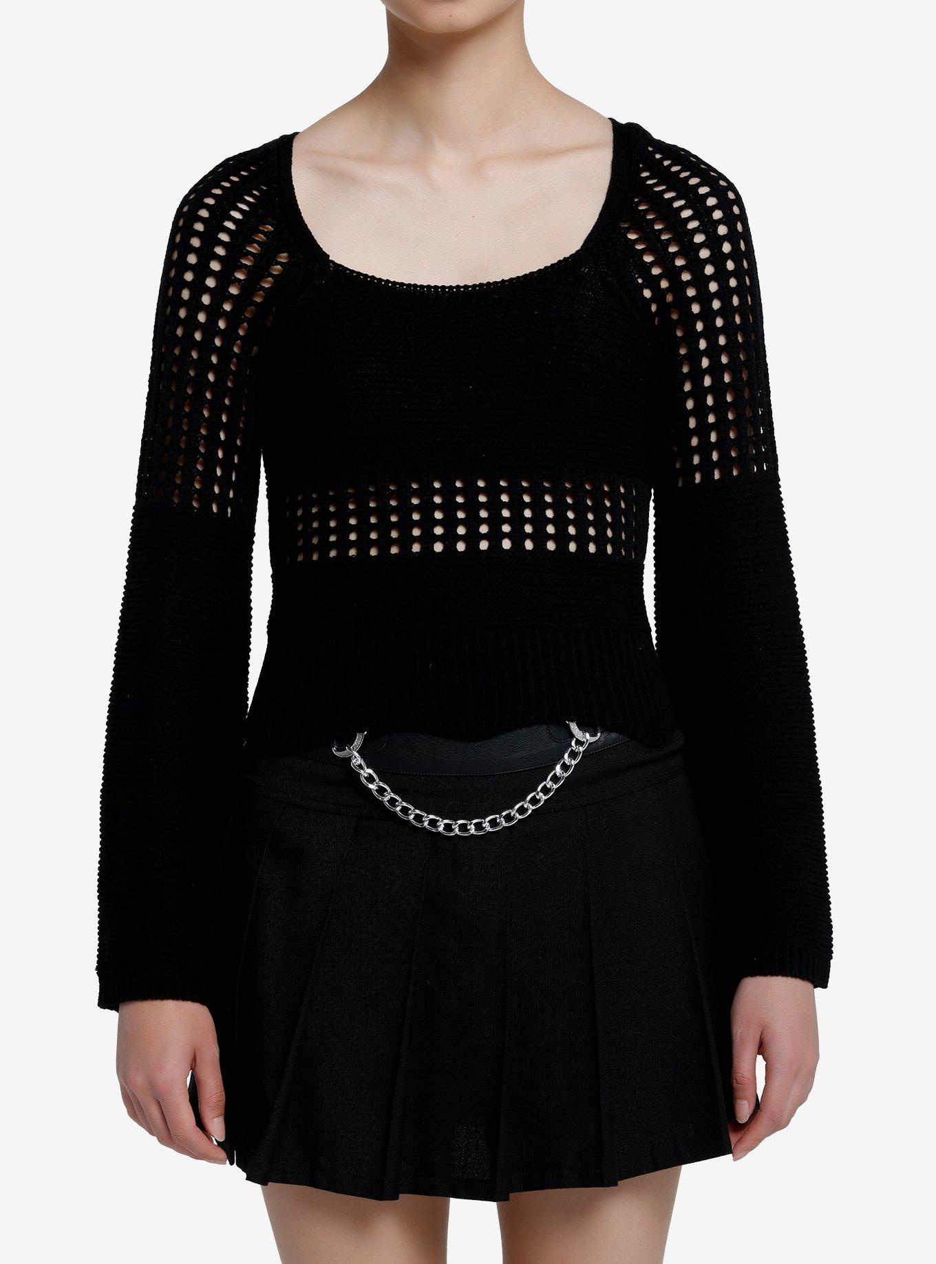 Social Collision Black Crochet Sweater, ABSTRACT - BLACK, hi-res