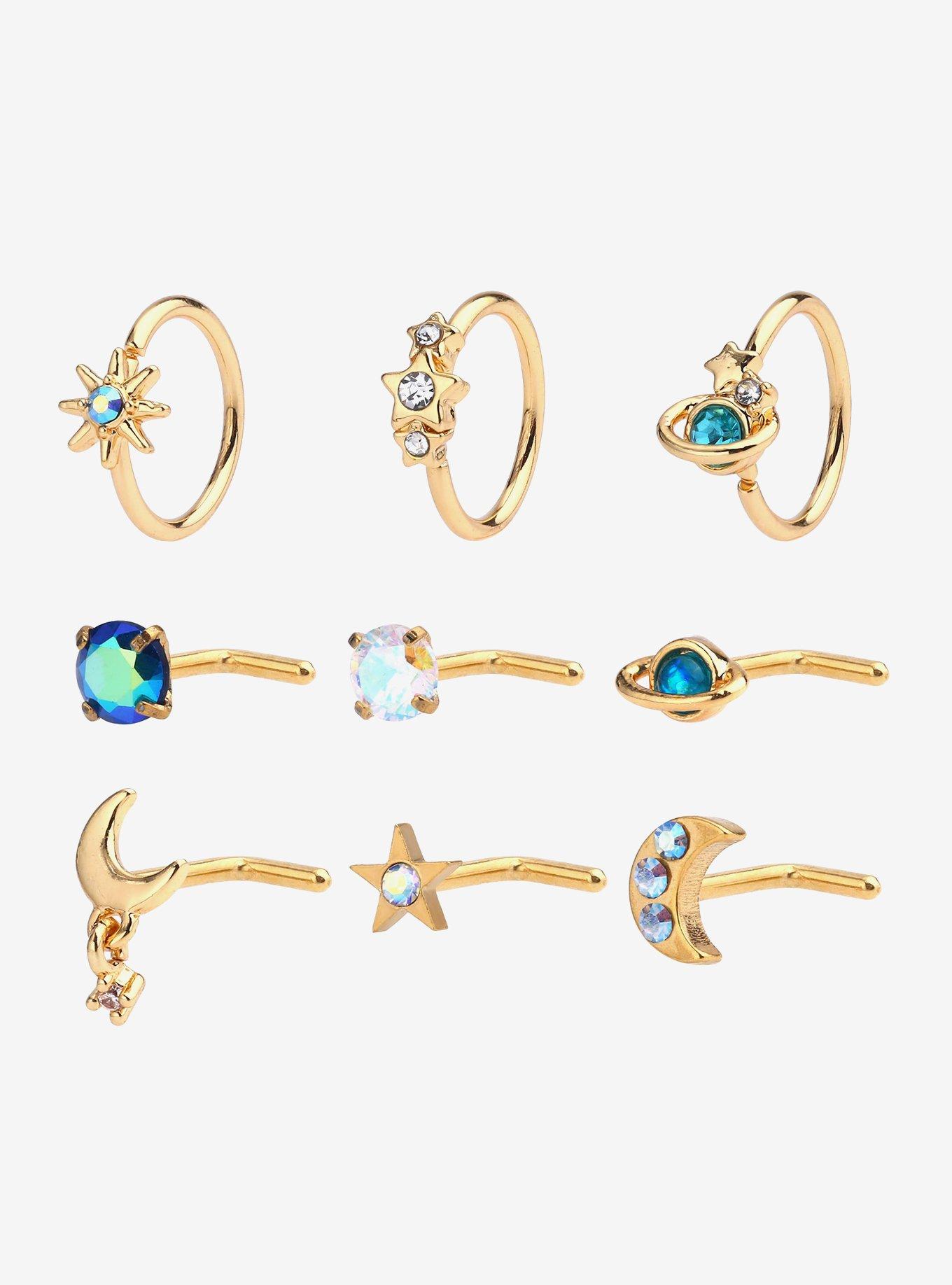 20G Steel Celestial Planet Nose Stud & Hoop 9 Pack, BLUE  WHITE, hi-res