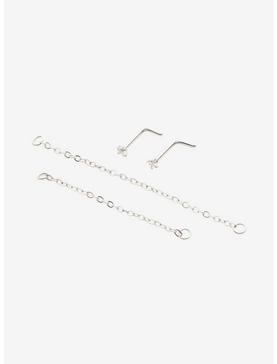 Steel Silver CZ Nose Stud With Chain 2 Pack, , hi-res