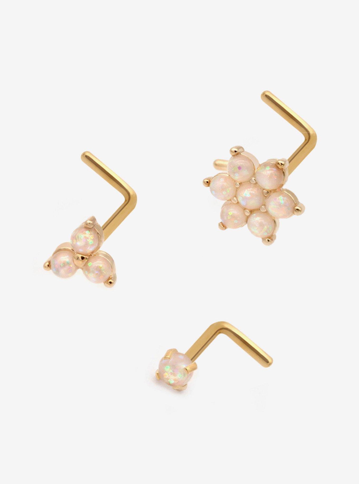 18G Steel Gold Opal Nose Stud 3 Pack, GOLD, hi-res