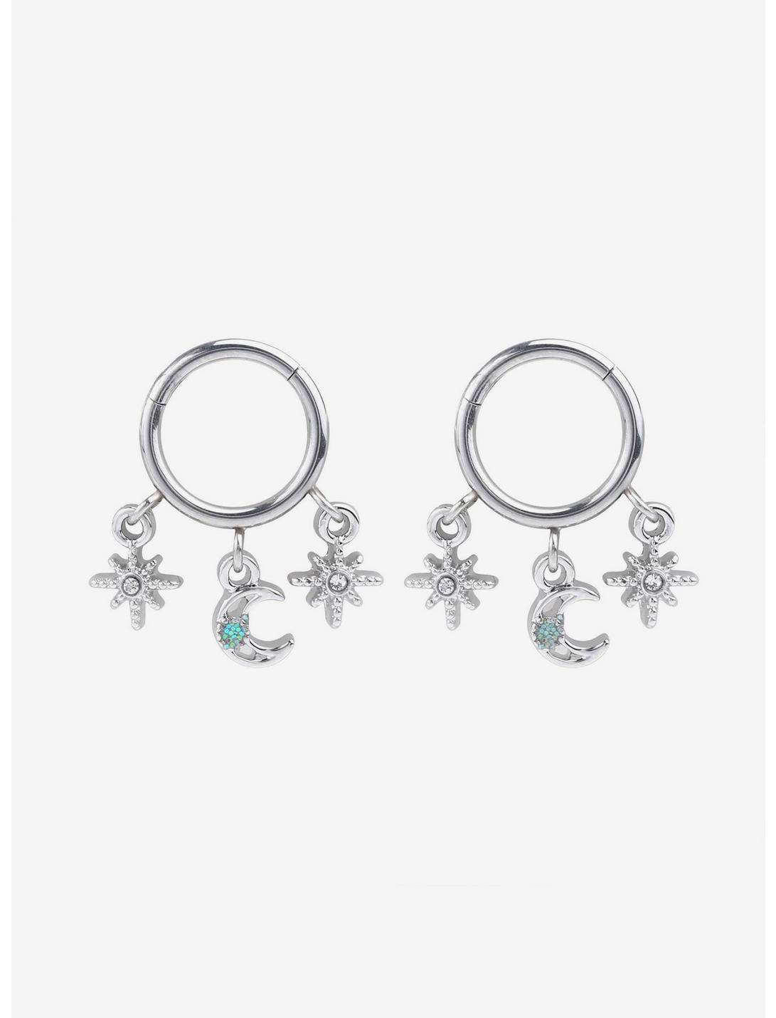 14G Steel Silver Star Moon Hinged Clicker 2 Pack, SILVER, hi-res