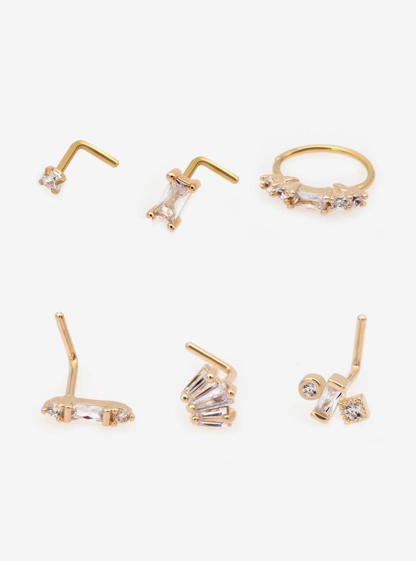 20G Steel Gold Gem Nose Stud & Hoop 6 Pack, GOLD, hi-res