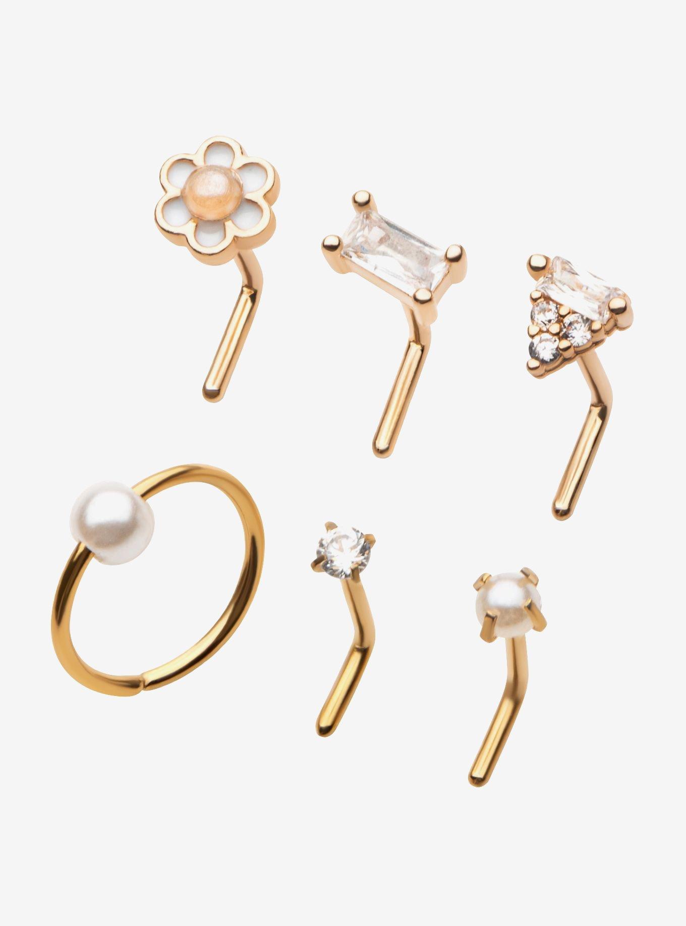 Steel Gold CZ & Pearl Nose Stud & Hoop 6 Pack, GOLD, hi-res