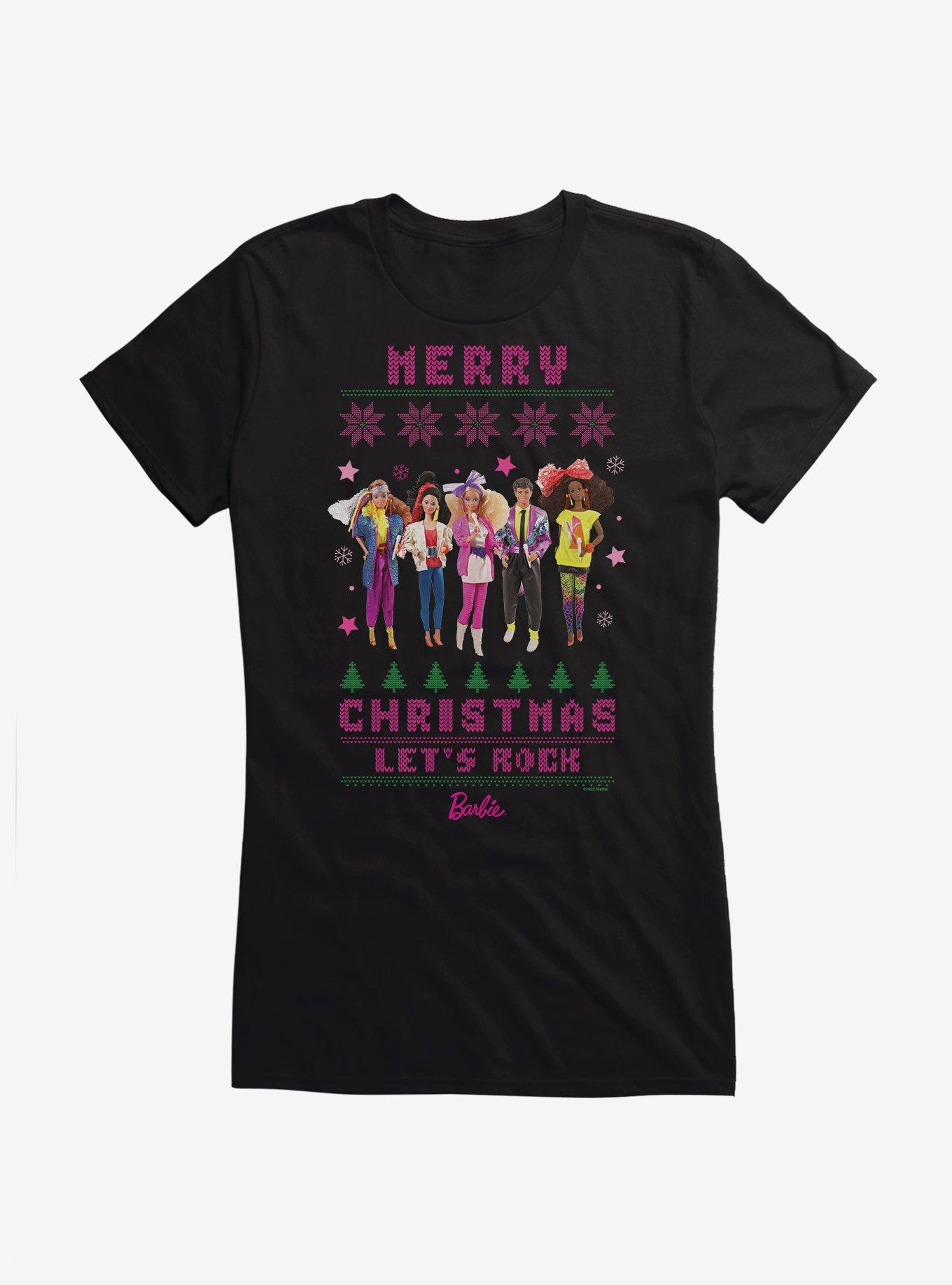 Barbie Merry Christmas Let's Rock Ugly Christmas Pattern Girls T-Shirt, BLACK, hi-res