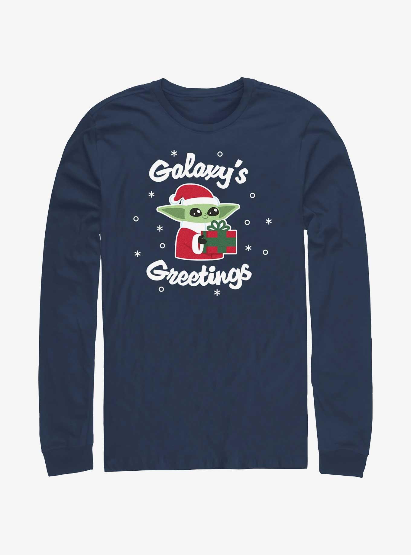 Star Wars The Mandalorian Santa Grogu Galaxy's Greetings Long-Sleeve T-Shirt, NAVY, hi-res