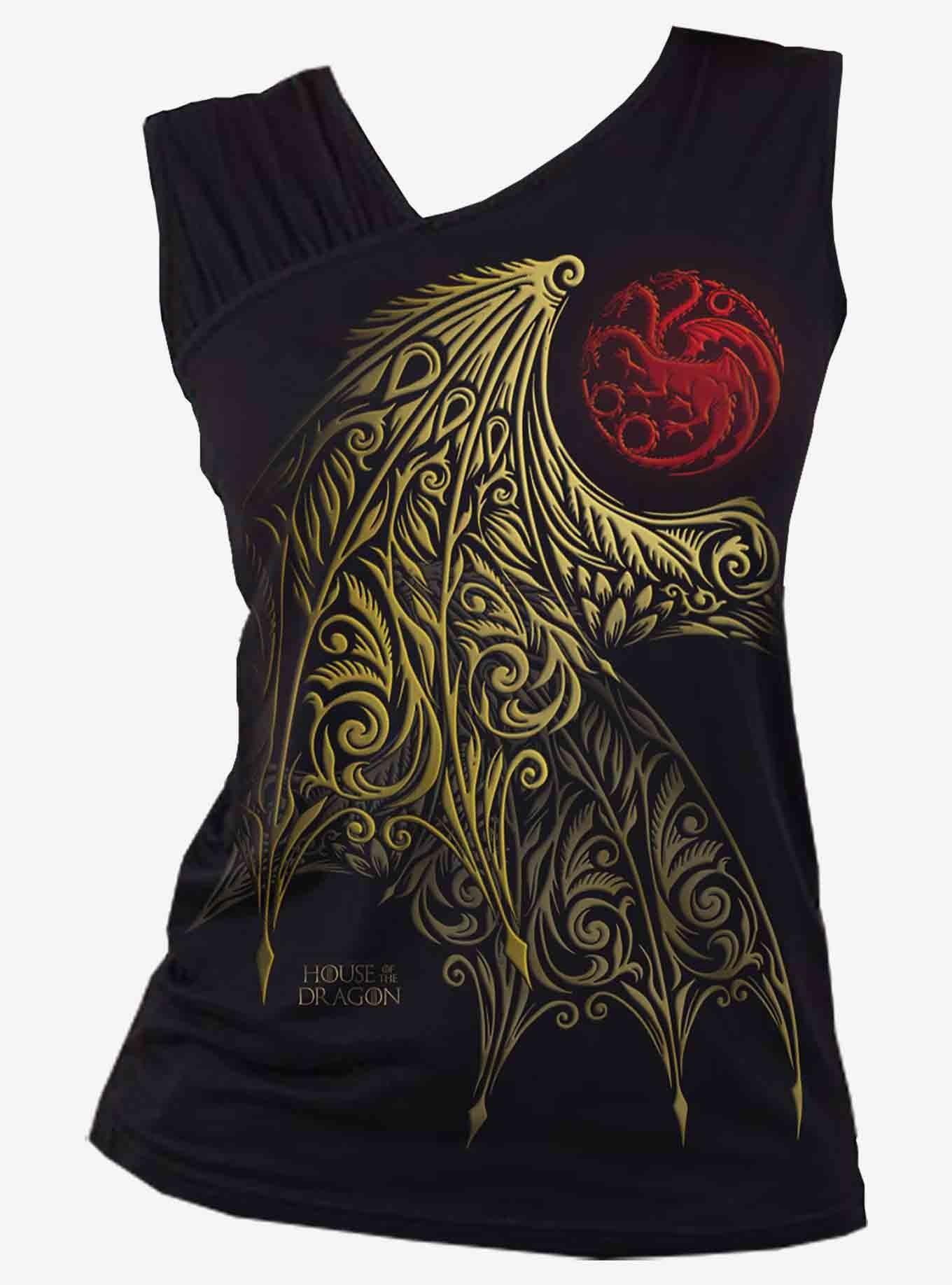 House Of The Dragon Wing Logo Gathered Shoulder Slant Top, BLACK, hi-res