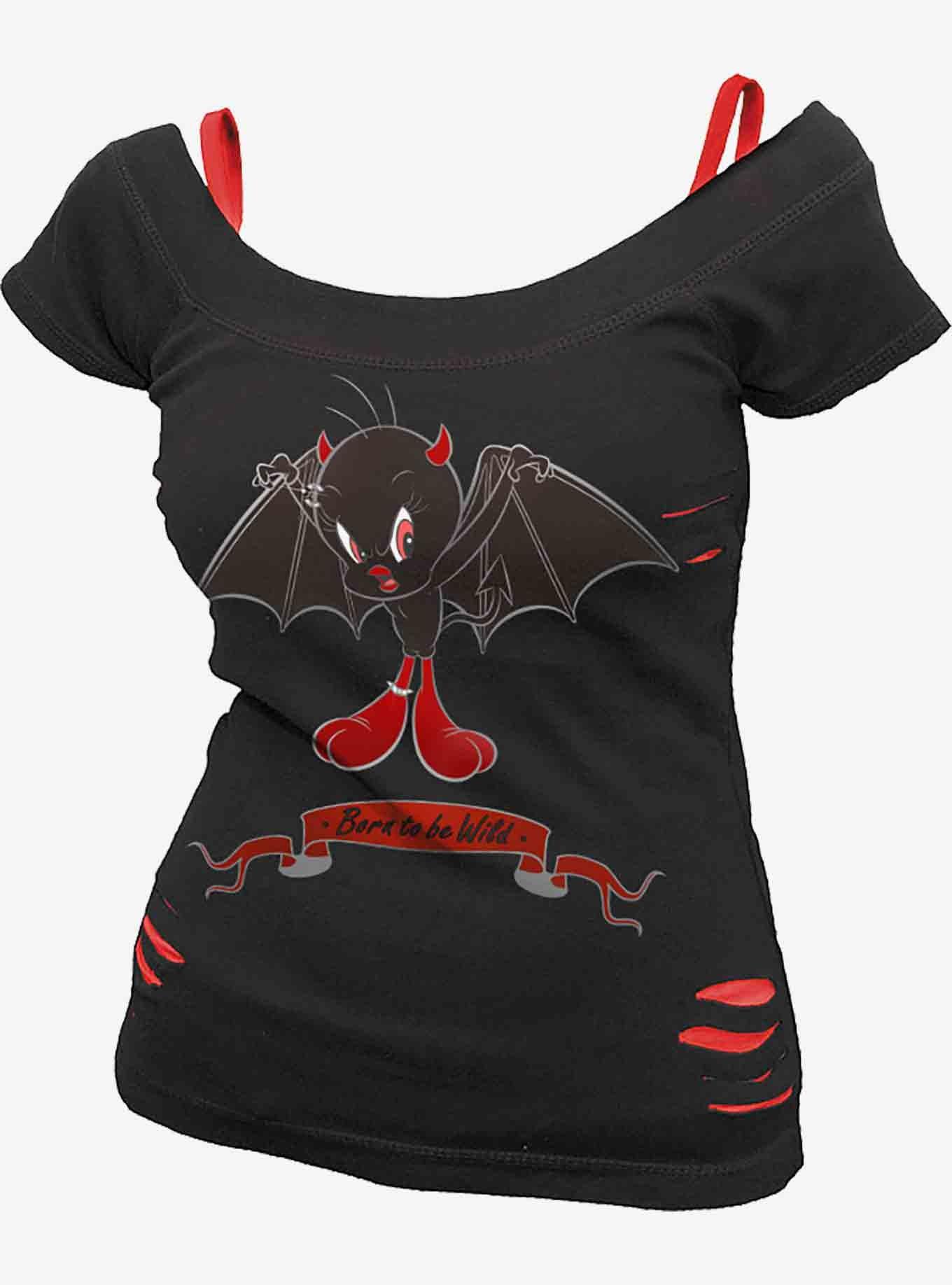 Looney Tunes Tweety Born To Be Wild Ripped Top, BLACK, hi-res