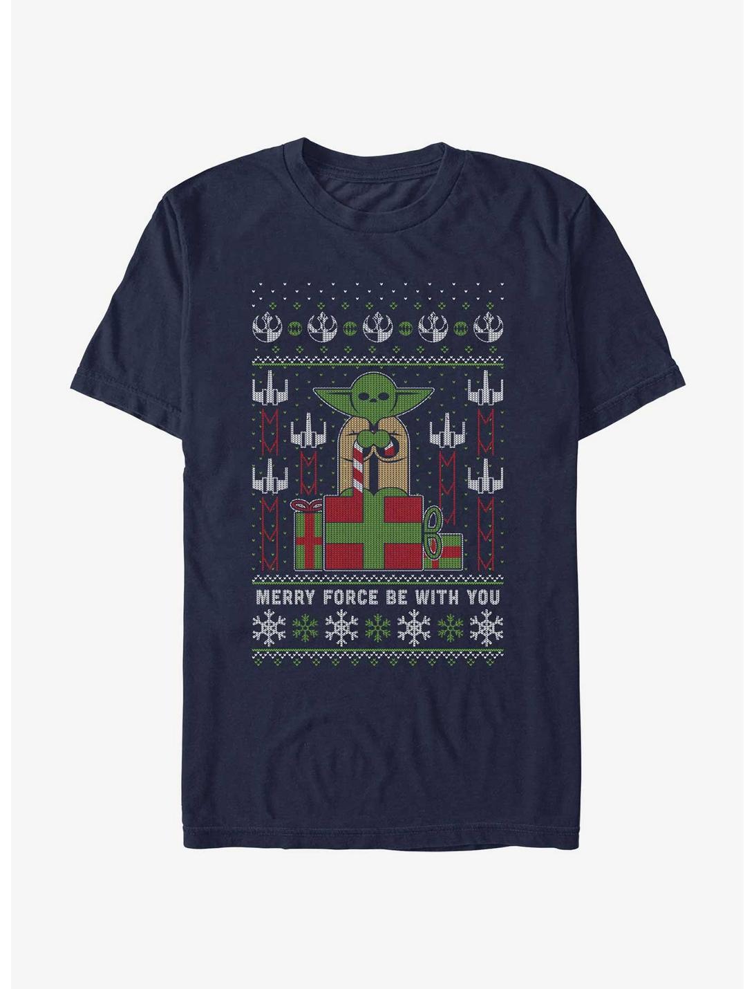Star Wars Yoda Merry Force Ugly Christmas Pattern T-Shirt, NAVY, hi-res