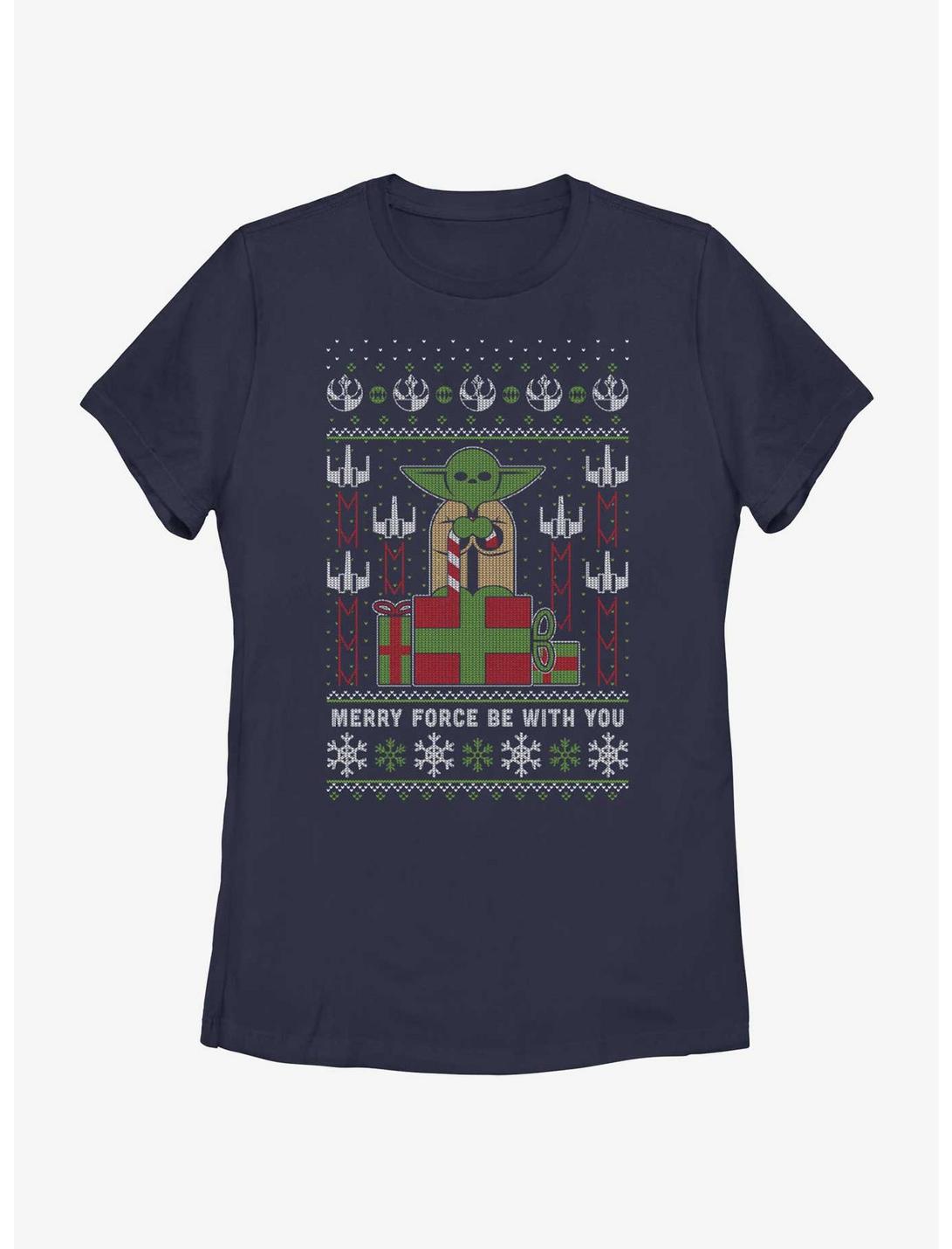 Star Wars Yoda Merry Force Ugly Christmas Pattern Womens T-Shirt, NAVY, hi-res