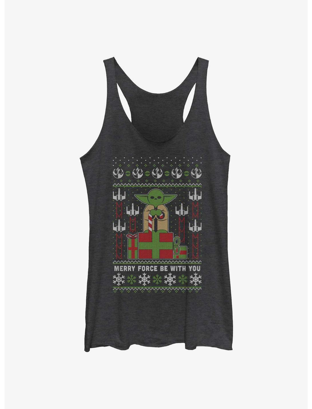 Star Wars Yoda Merry Force Ugly Christmas Pattern Womens Tank Top, BLK HTR, hi-res