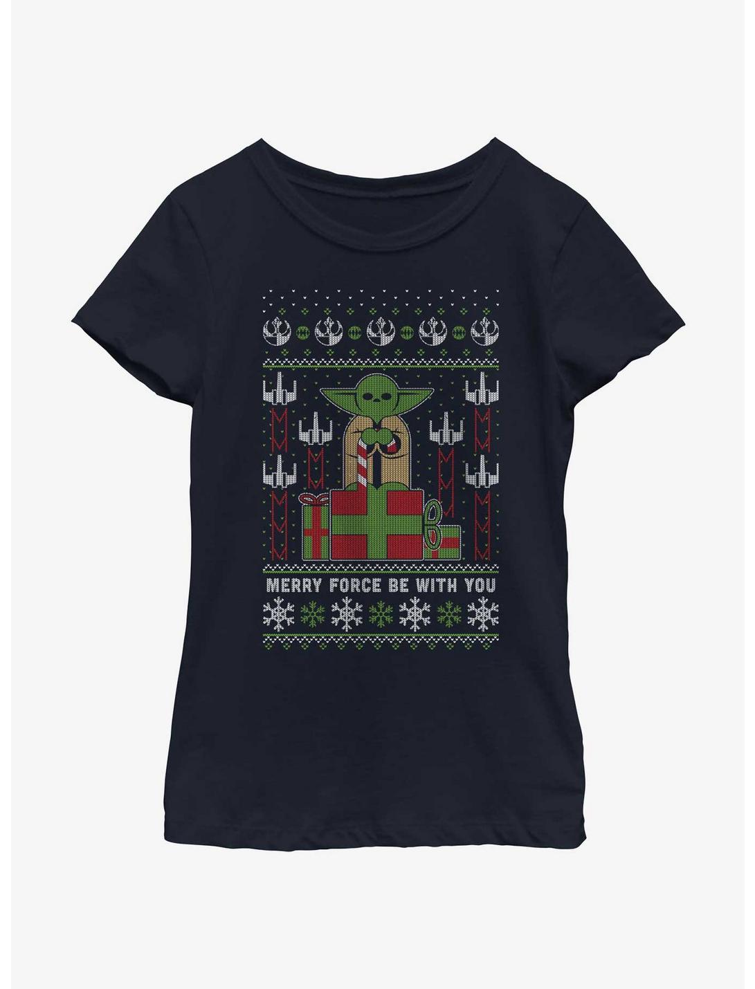 Star Wars Yoda Merry Force Ugly Christmas Pattern Youth Girls T-Shirt, NAVY, hi-res