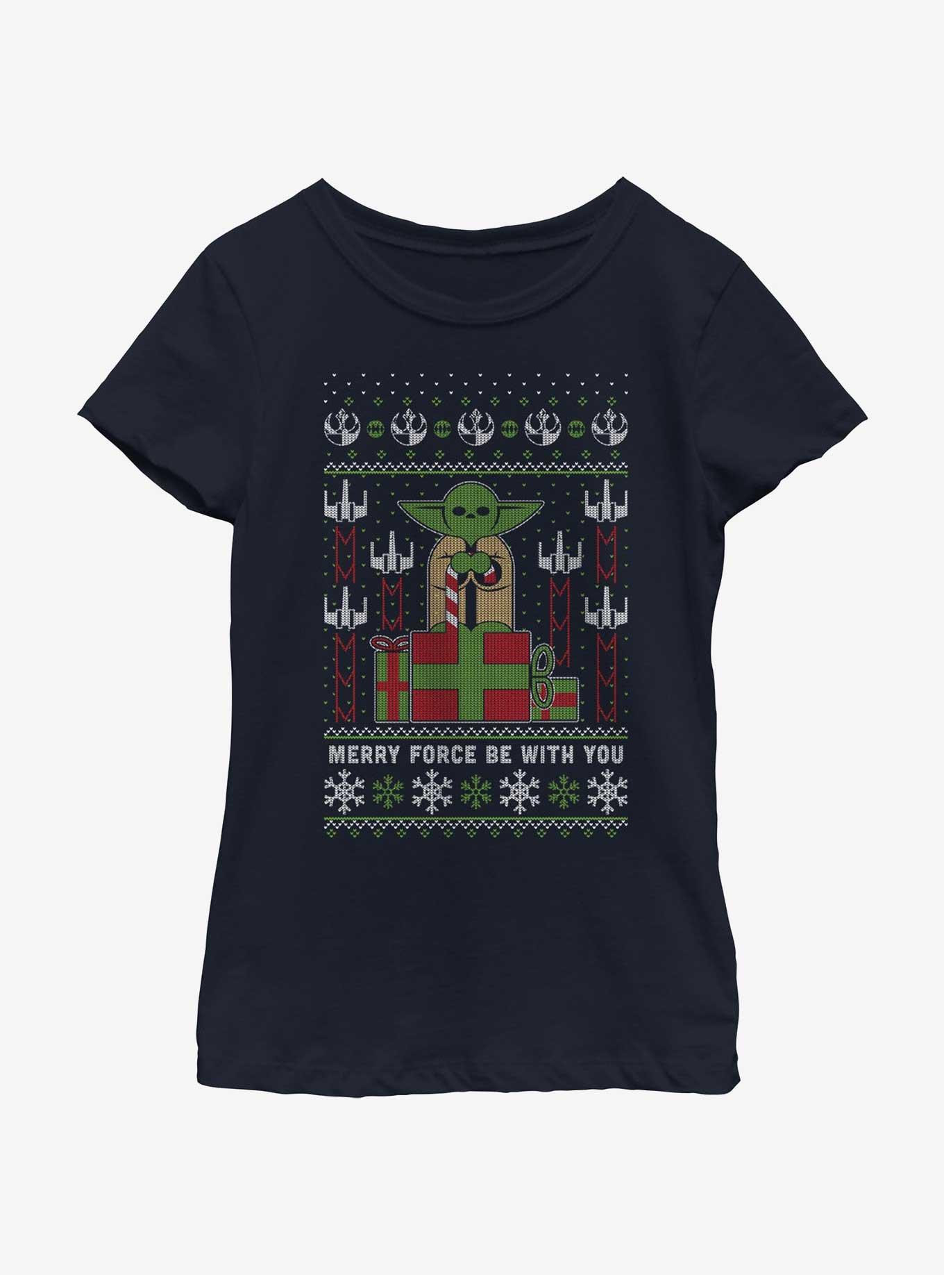Star Wars Yoda Merry Force Ugly Christmas Pattern Youth Girls T-Shirt, , hi-res