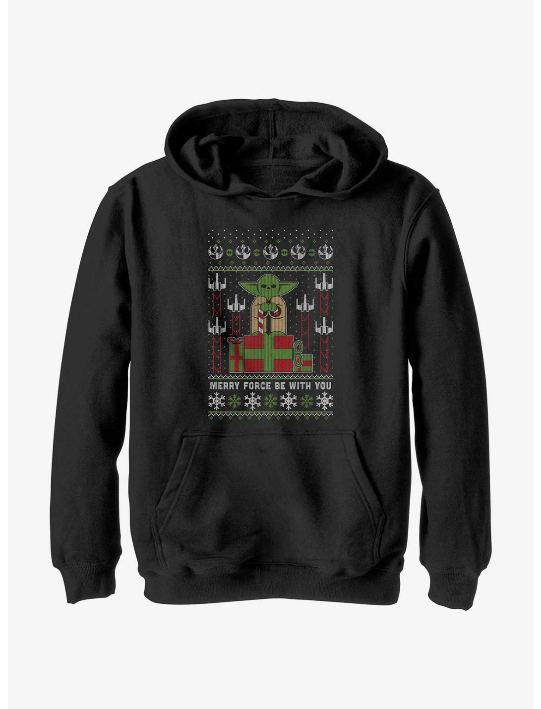 Star Wars Yoda Merry Force Ugly Christmas Pattern Youth Hoodie, BLACK, hi-res