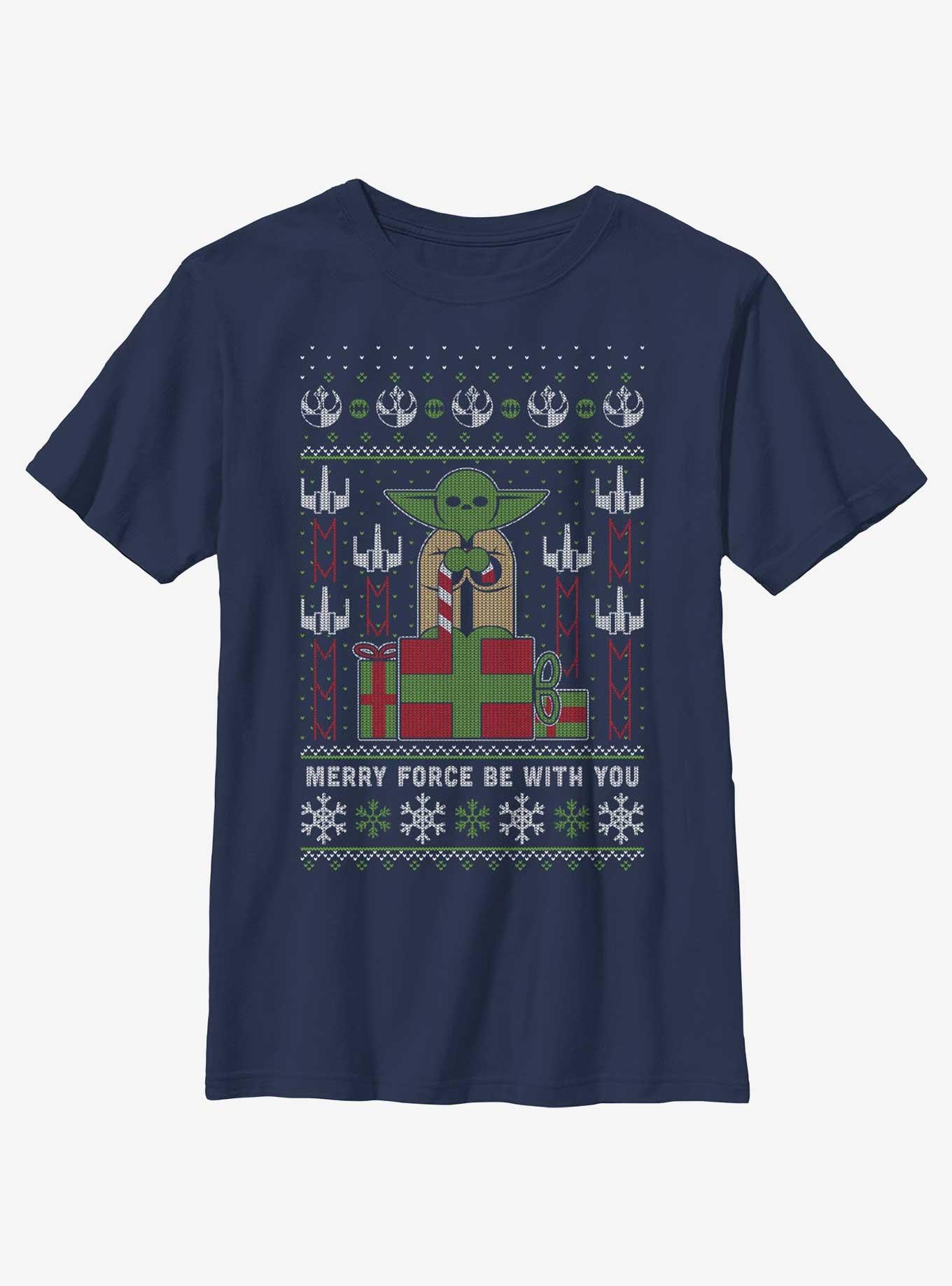 Star Wars Yoda Merry Force Ugly Christmas Pattern Youth T-Shirt, , hi-res