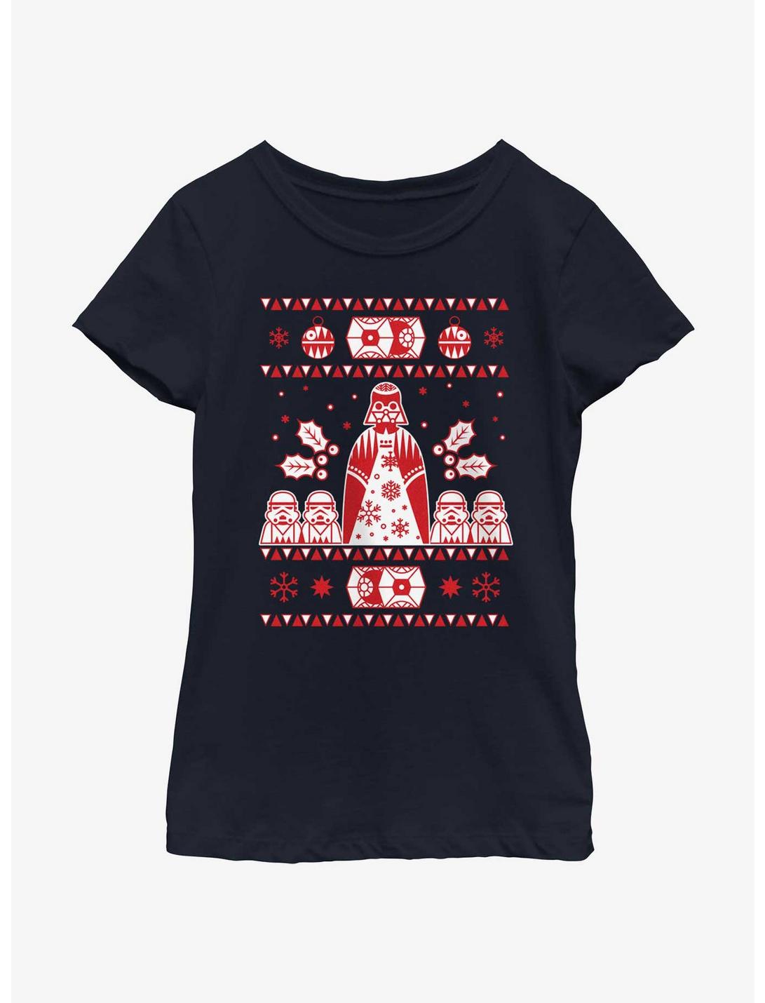 Star Wars Empire Ugly Christmas Pattern Youth Girls T-Shirt, NAVY, hi-res