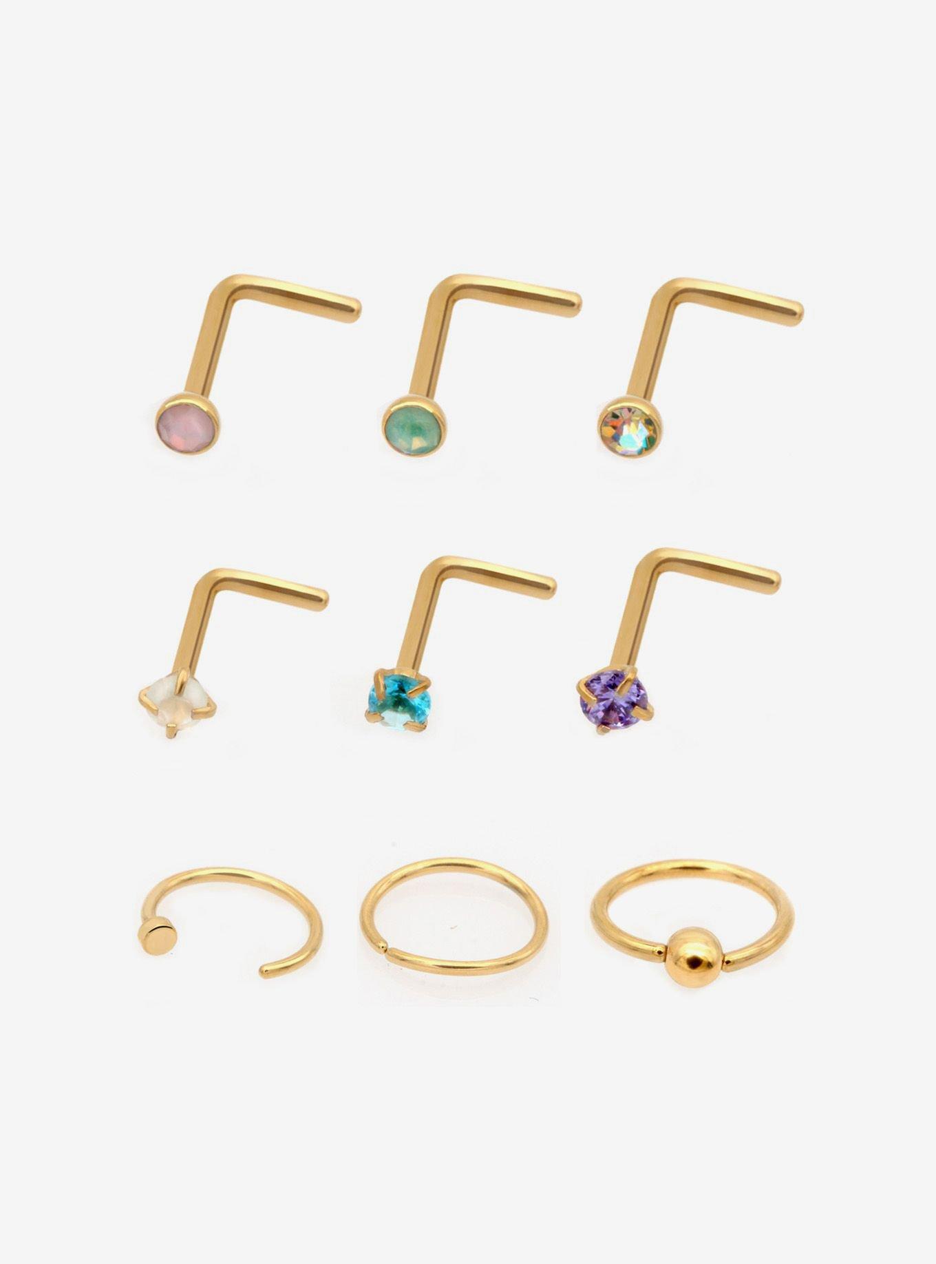 Steel Gold Gem Nose Stud & Hoop 9 Pack, GOLD, hi-res