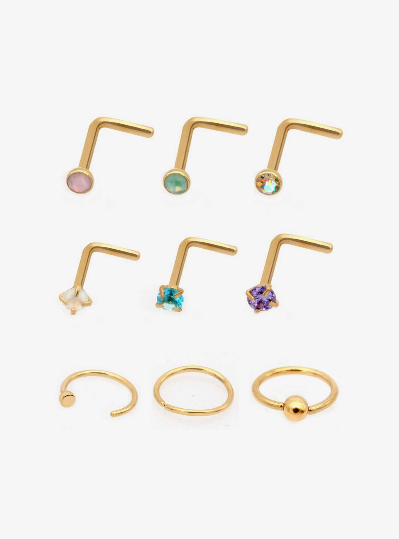 Steel Gold Gem Nose Stud & Hoop 9 Pack, , hi-res