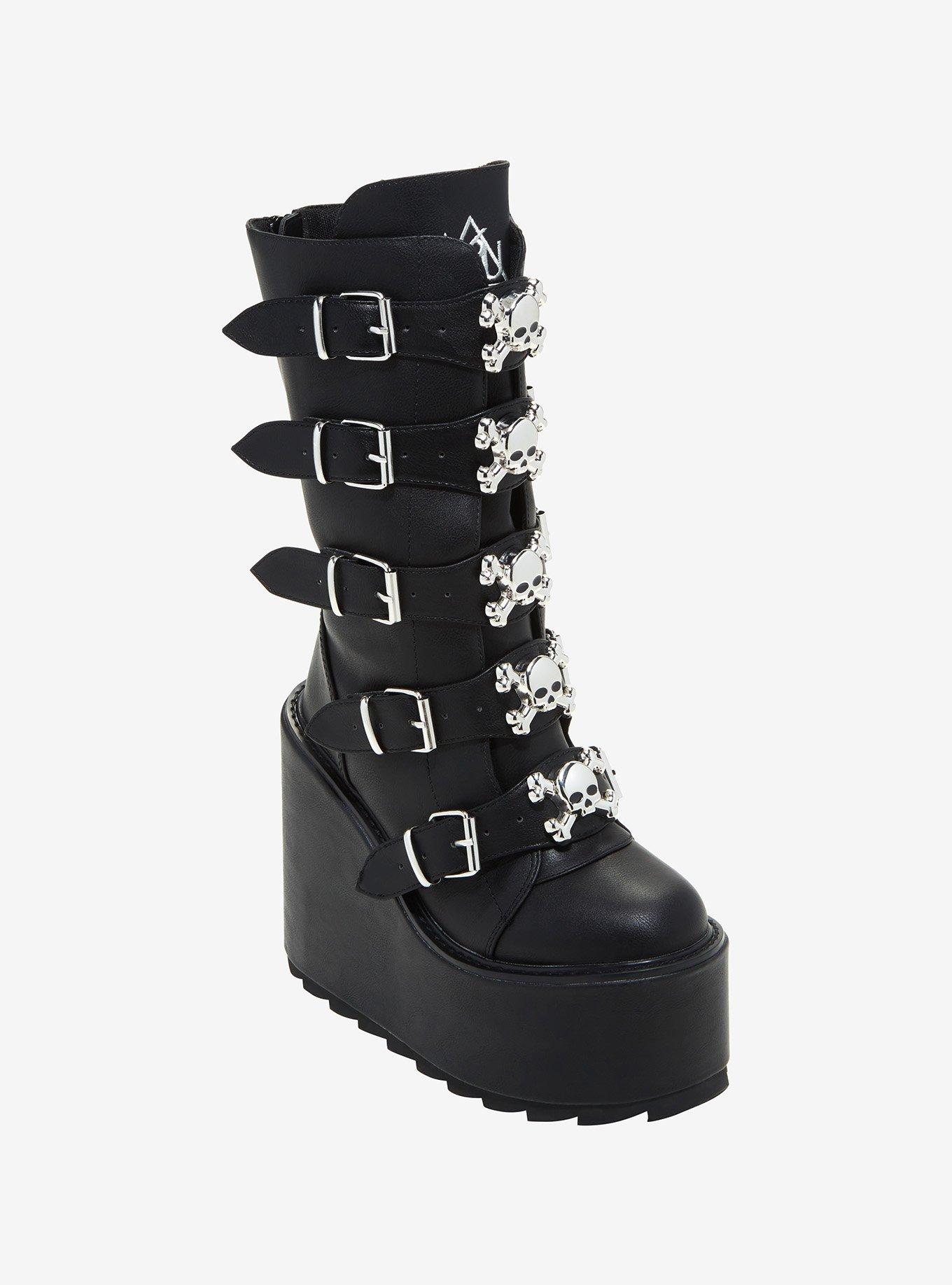 YRU Skull Buckle Wedge Platform Boots Black – Dolls Kill