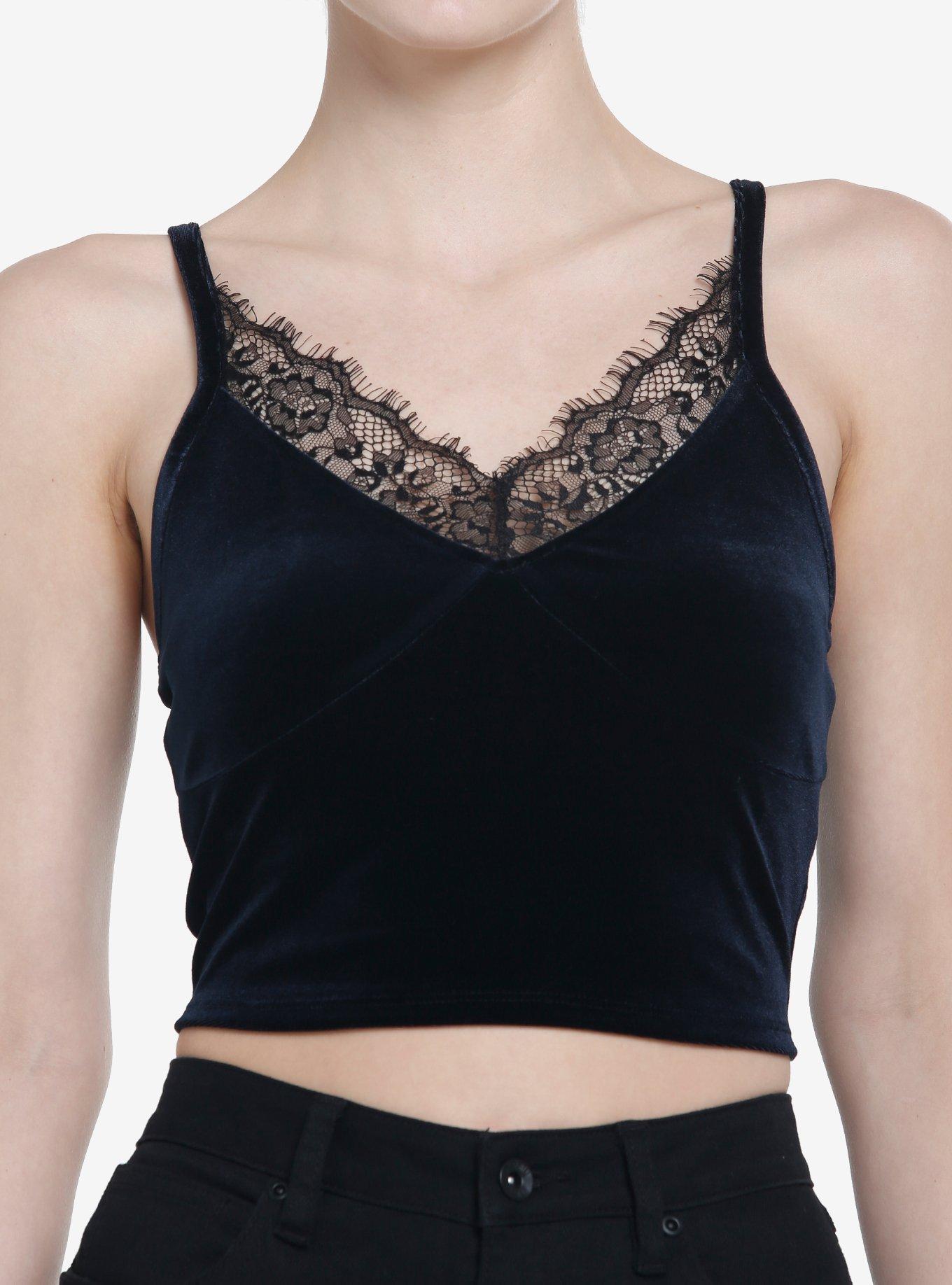 Cosmic Aura Midnight Blue Velvet & Lace Girls Crop Tank Top, BLUE, hi-res