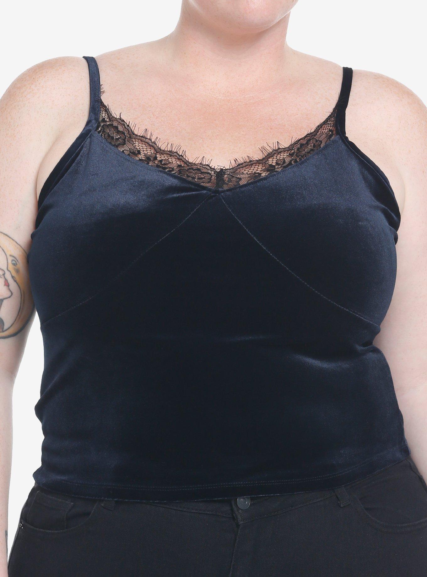 Cosmic Aura Midnight Blue Velvet & Lace Crop Girls Tank Top Plus Size, BLUE, hi-res