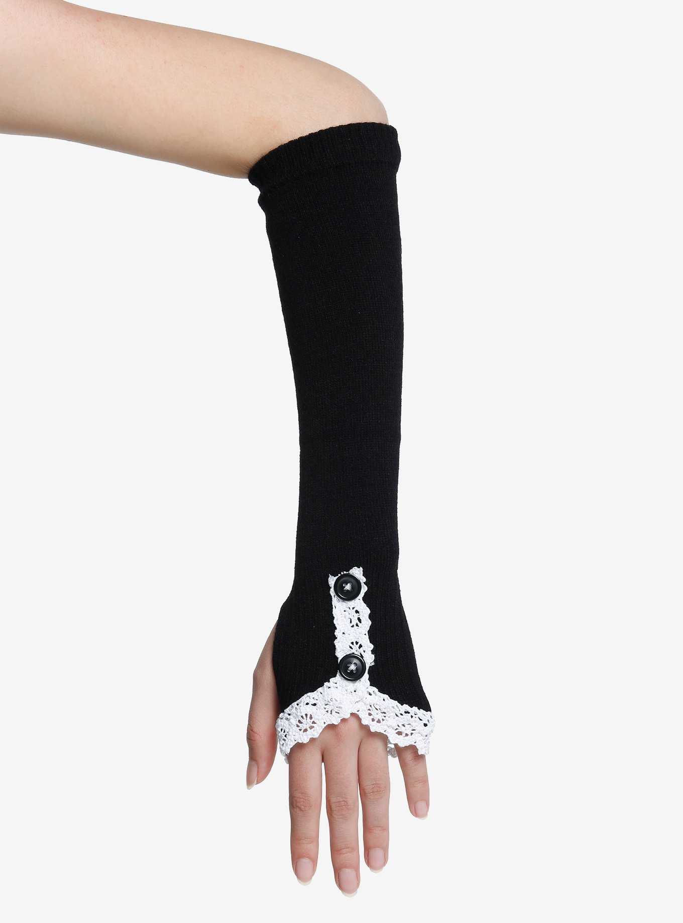 Black Knit White Lace Arm Warmers, , hi-res