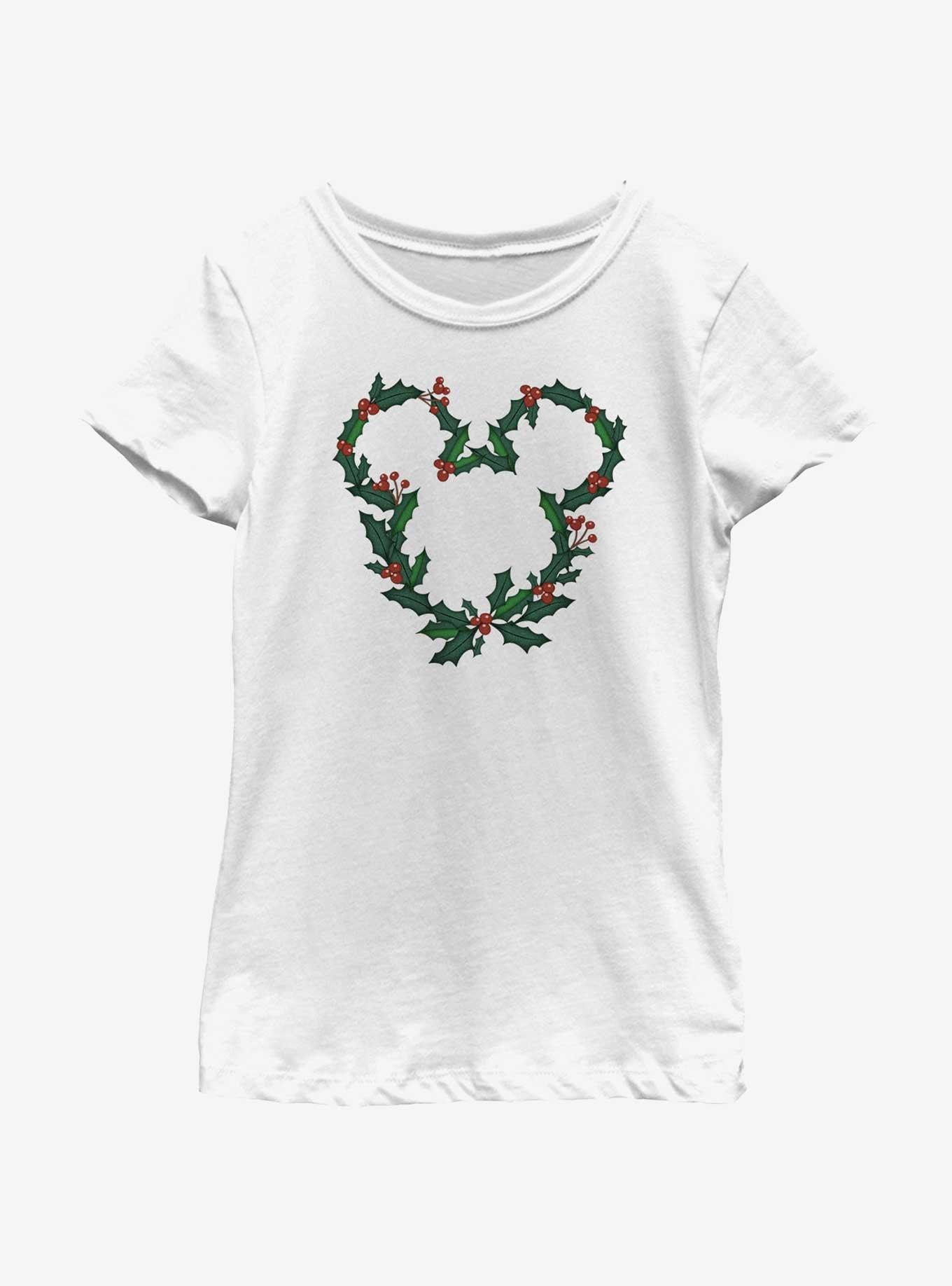 Disney Mickey Mouse Mistletoe Wreath Ears Youth Girls T-Shirt, WHITE, hi-res