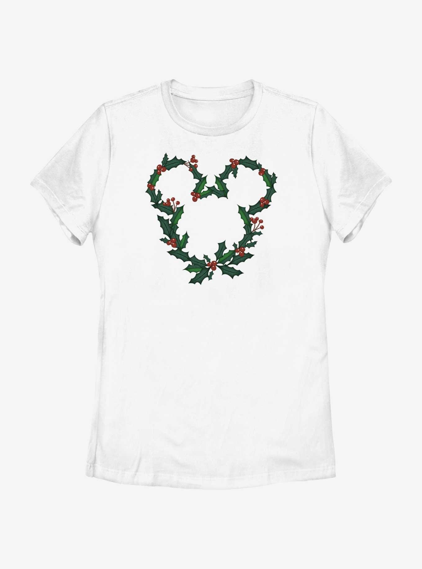 Disney Mickey Mouse Mistletoe Wreath Ears Womens T-Shirt, WHITE, hi-res