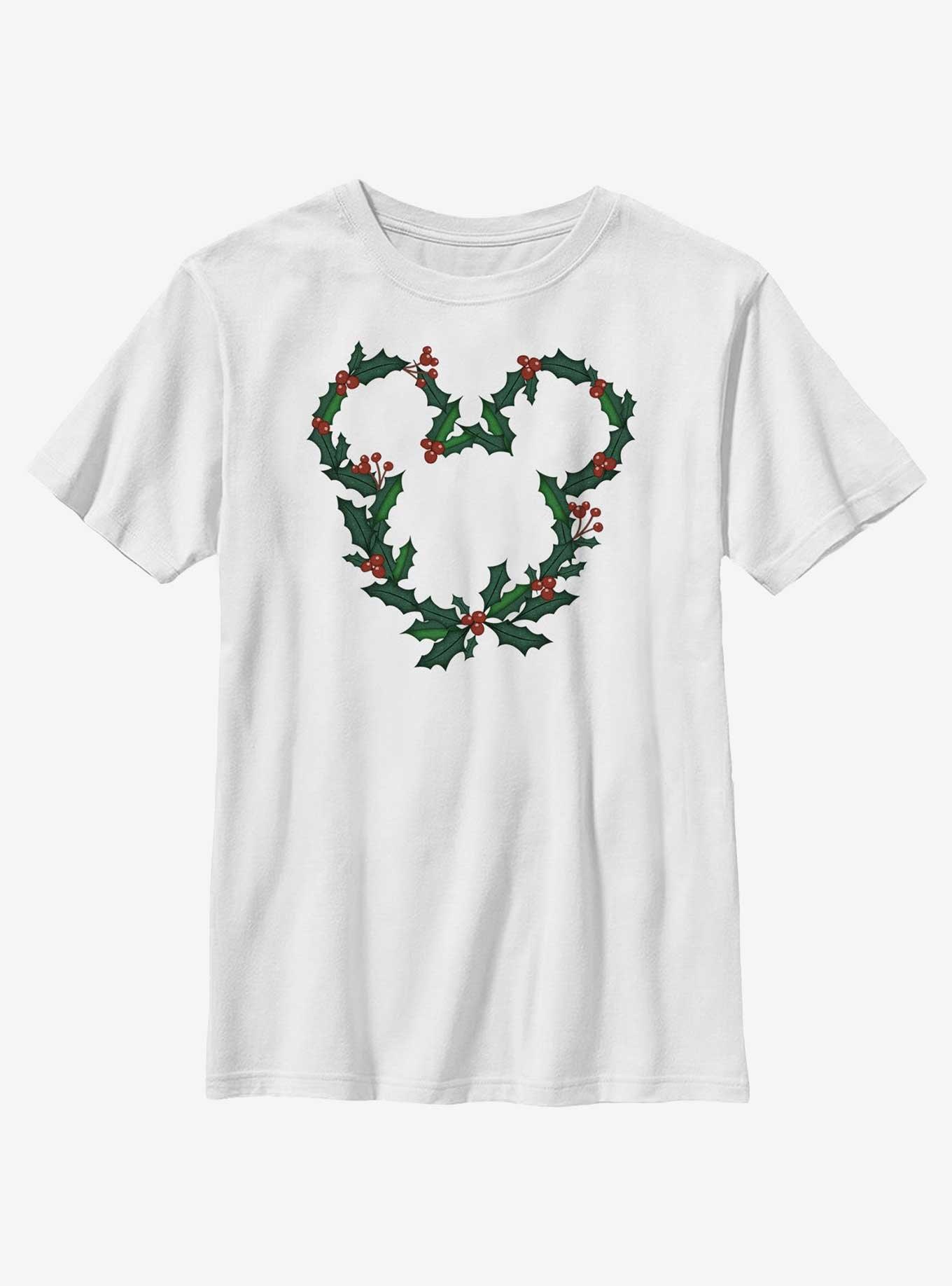 Disney Mickey Mouse Mistletoe Wreath Ears Youth T-Shirt, WHITE, hi-res