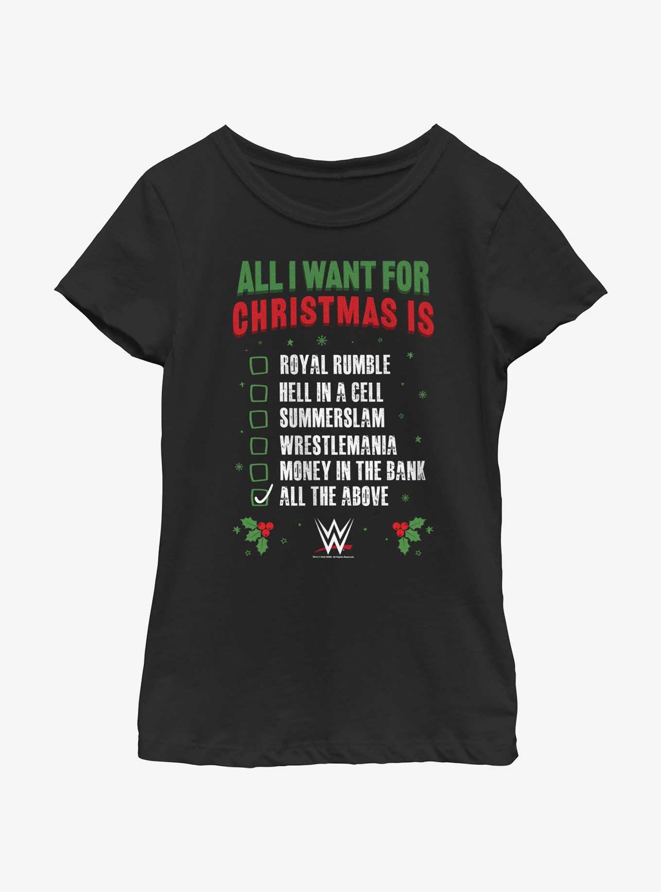 WWE All I Want For Christmas Wish List Youth Girls T-Shirt, BLACK, hi-res