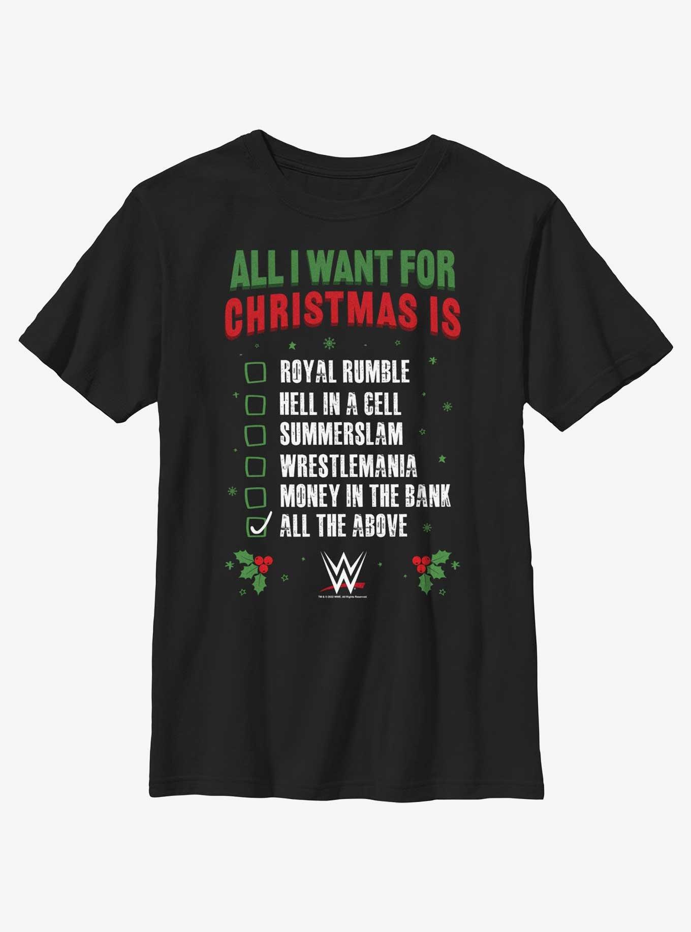 WWE All I Want For Christmas Wish List Youth T-Shirt, BLACK, hi-res