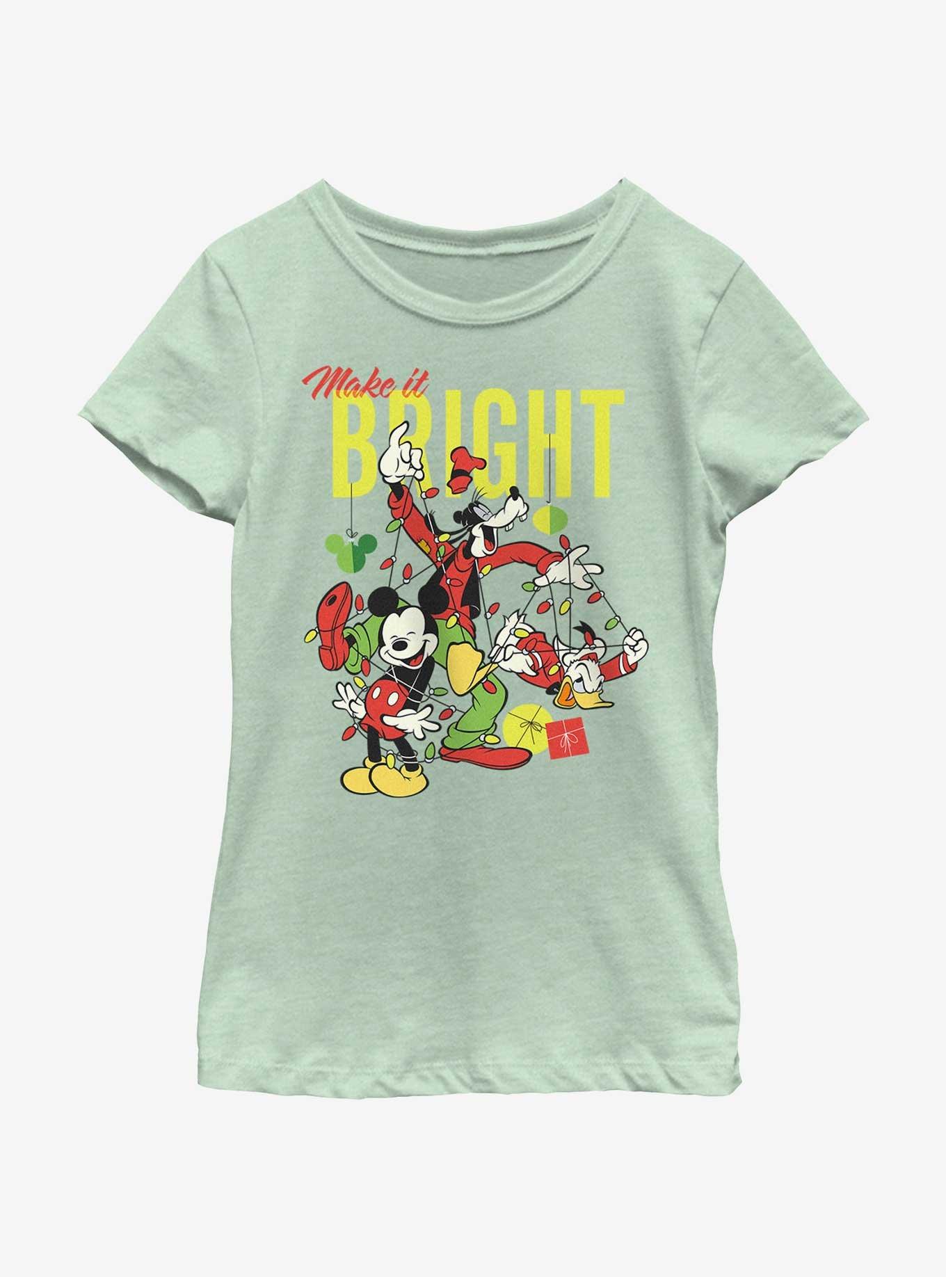 Disney Mickey Mouse Bright Christmas Mickey, Goofy, and Donald Youth Girls T-Shirt, MINT, hi-res