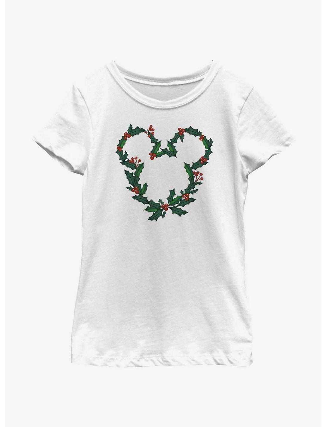 Disney Mickey Mouse Mistletoe Wreath Ears Youth Girls T-Shirt, WHITE, hi-res