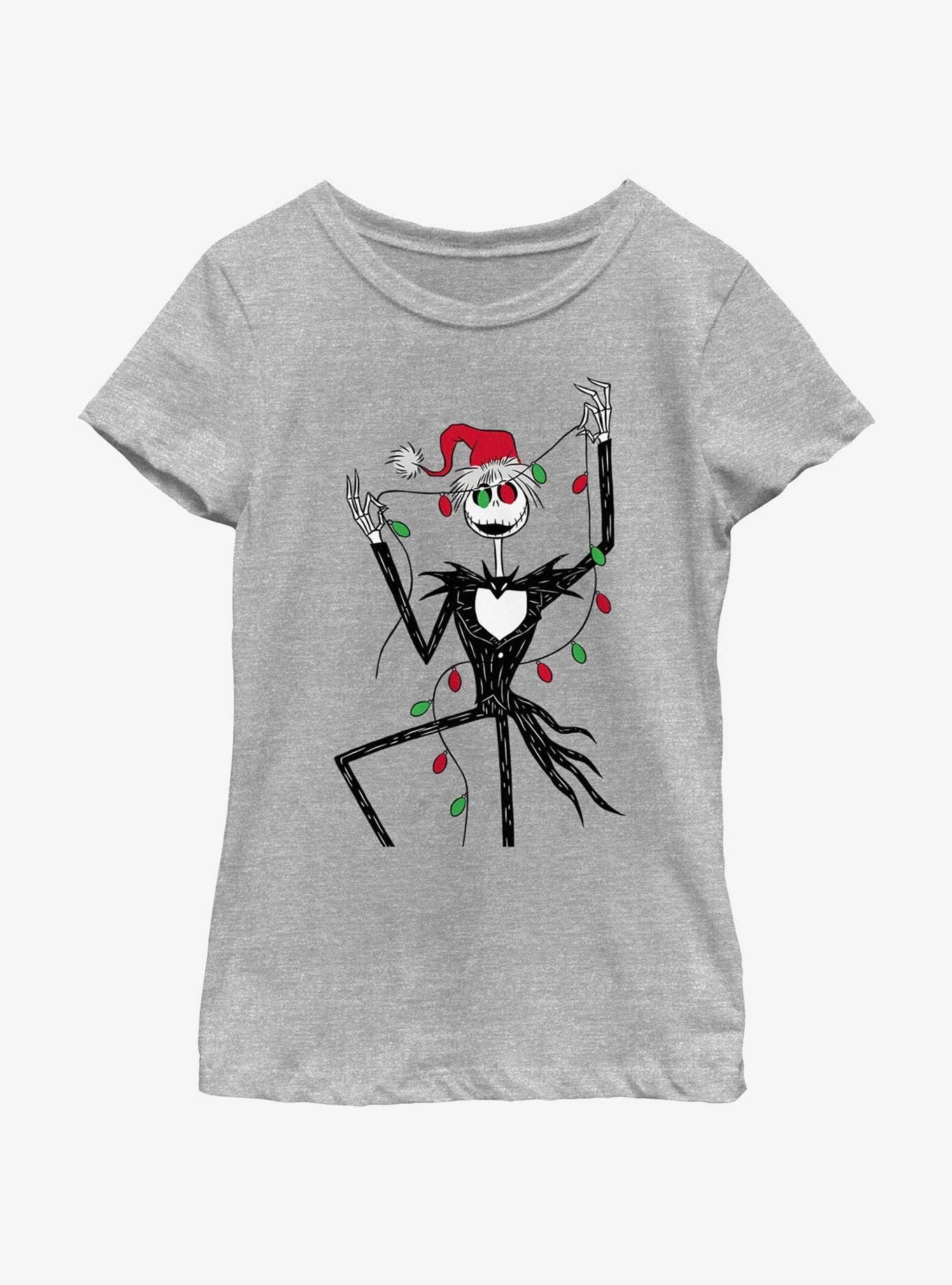 Disney The Nightmare Before Christmas Santa Jack Christmas Lights Youth Girls T-Shirt, ATH HTR, hi-res