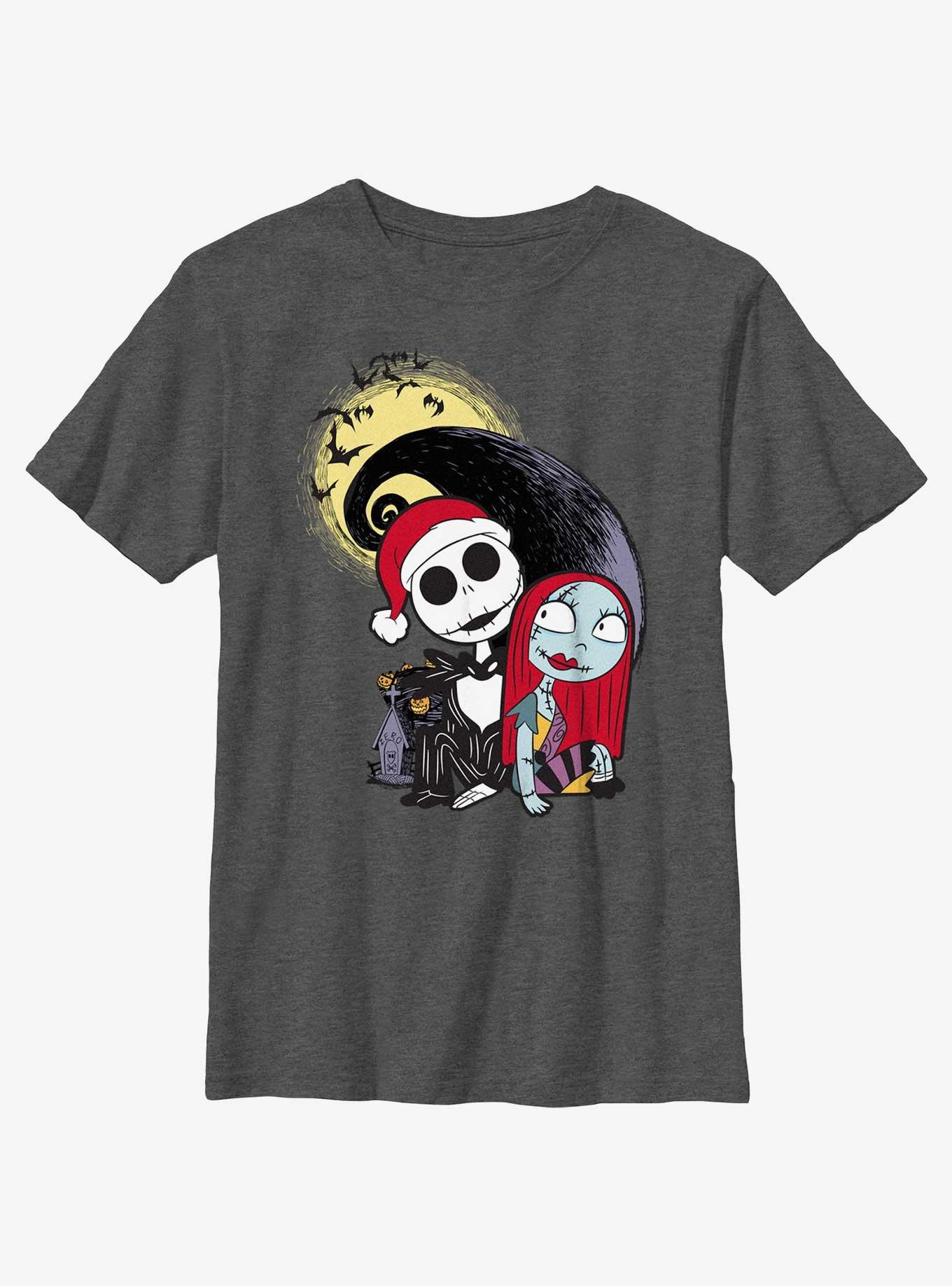 Disney The Nightmare Before Christmas Santa Jack and Sally Youth Youth T-Shirt, CHAR HTR, hi-res