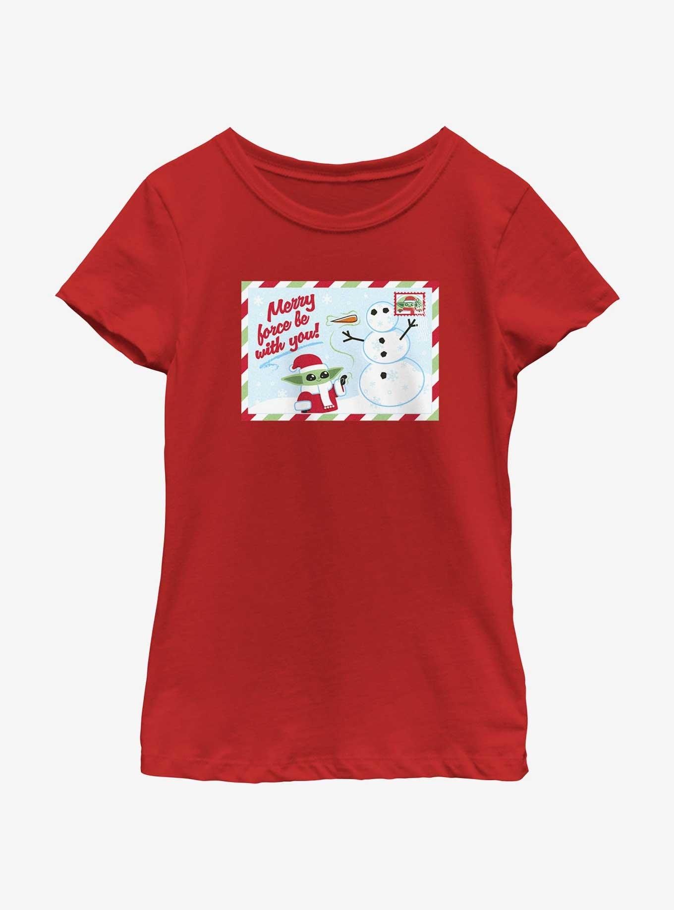 Star Wars The Mandalorian Merry Force Postcard Youth Girls T-Shirt, RED, hi-res