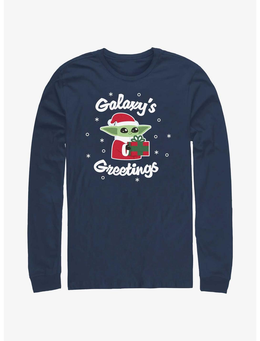 Star Wars The Mandalorian Santa Grogu Galaxy's Greetings Long-Sleeve T-Shirt, NAVY, hi-res