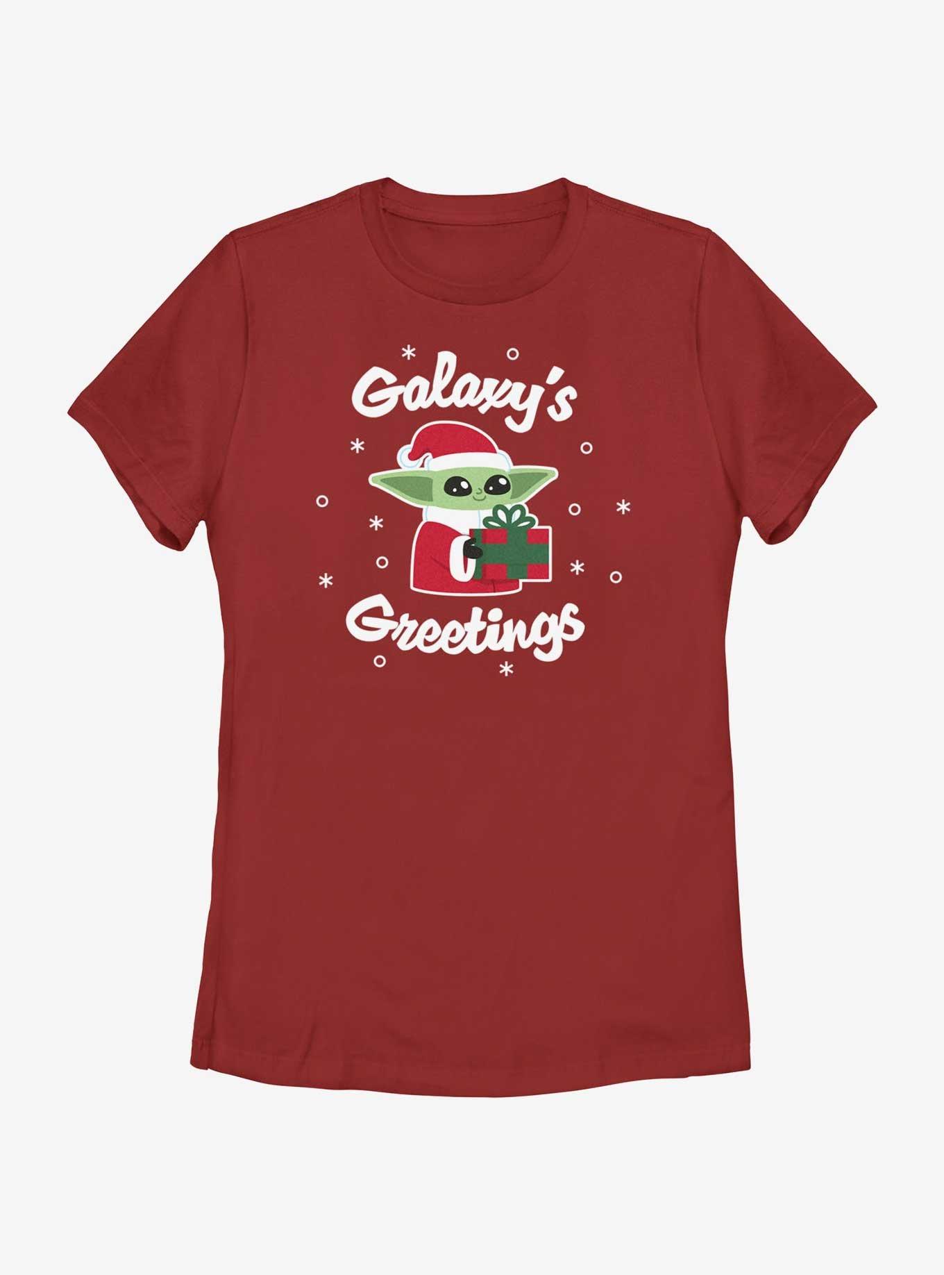 Star Wars The Mandalorian Santa Grogu Galaxy's Greetings Womens T-Shirt, RED, hi-res