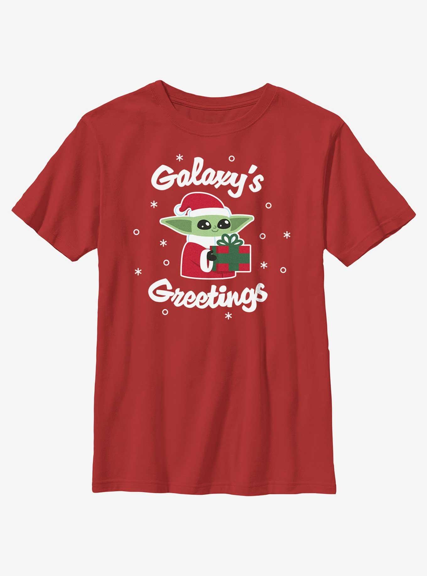 Star Wars The Mandalorian Santa Grogu Galaxy's Greetings Youth T-Shirt, RED, hi-res