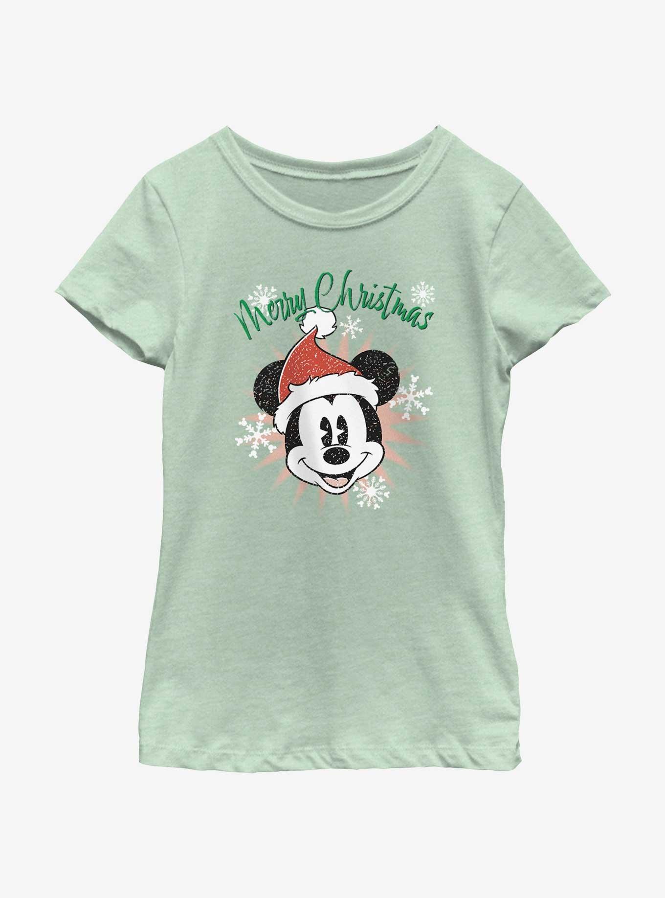 Disney Mickey Mouse Snowflakes Santa Mickey Youth Girls T-Shirt, WHITE, hi-res