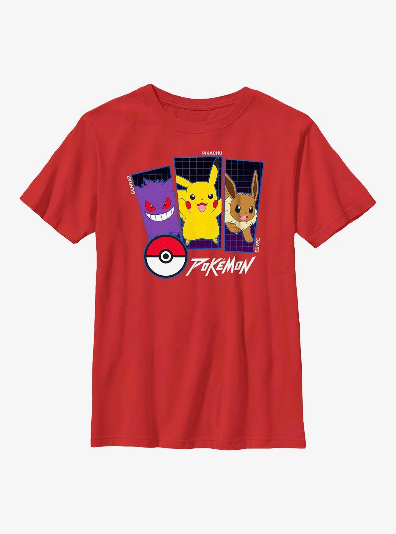 Pokemon Gengar, Pikachu, & Eevee Youth T-Shirt, RED, hi-res