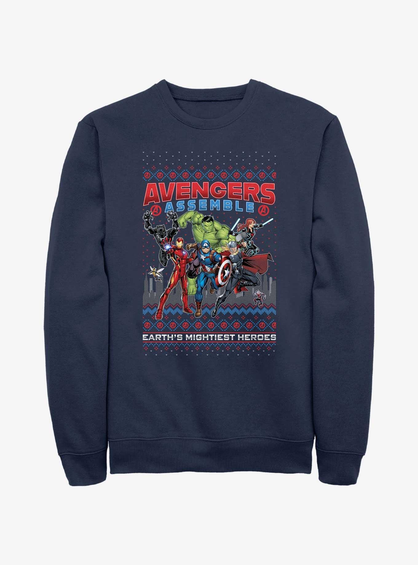 Marvel Avengers Assemble Ugly Christmas Sweatshirt BLUE Hot Topic