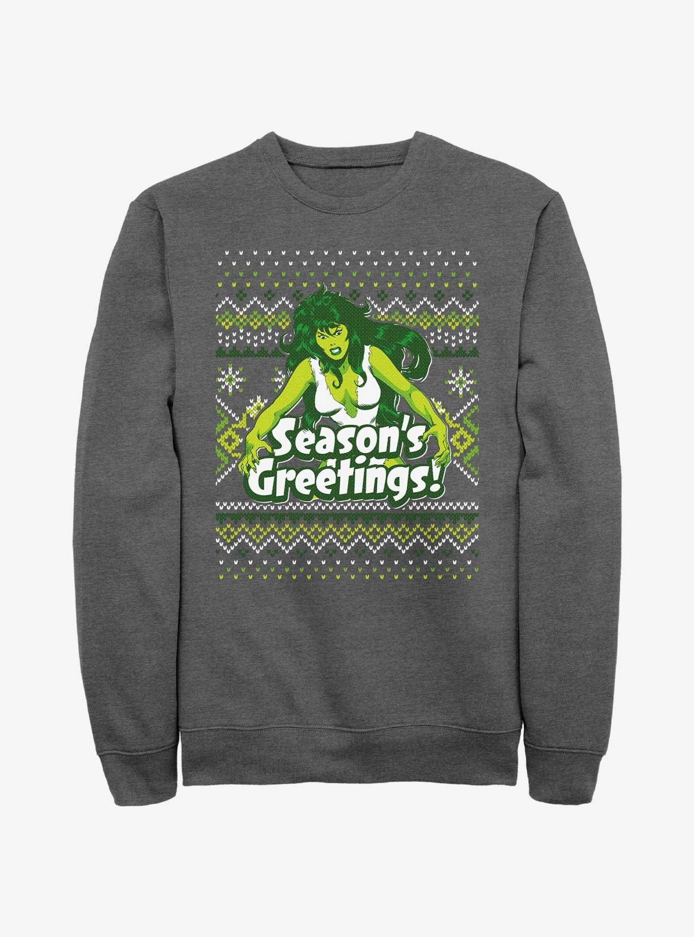 Marvel Hulk She-Hulk Season's Greetings Ugly Christmas Sweatshirt, CHAR HTR, hi-res