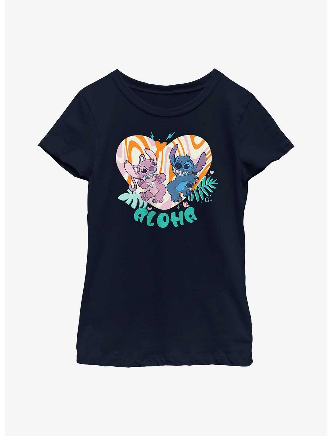 Disney Lilo & Stitch Angel and Stitch Groovy Heart Youth Girls T-Shirt, NAVY, hi-res