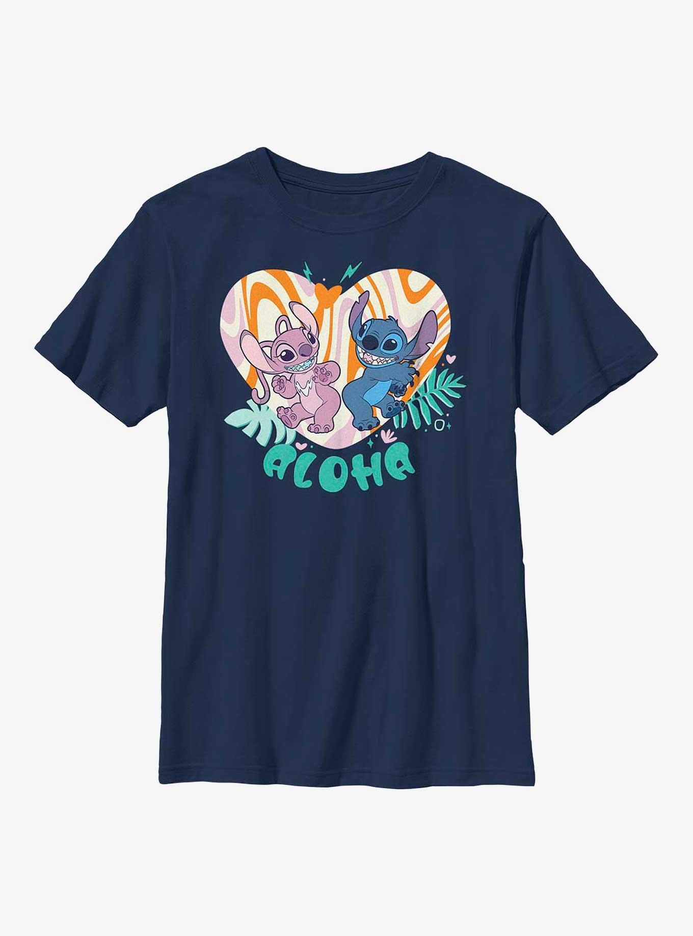 Disney Lilo & Stitch Angel and Stitch Groovy Heart Youth T-Shirt, NAVY, hi-res