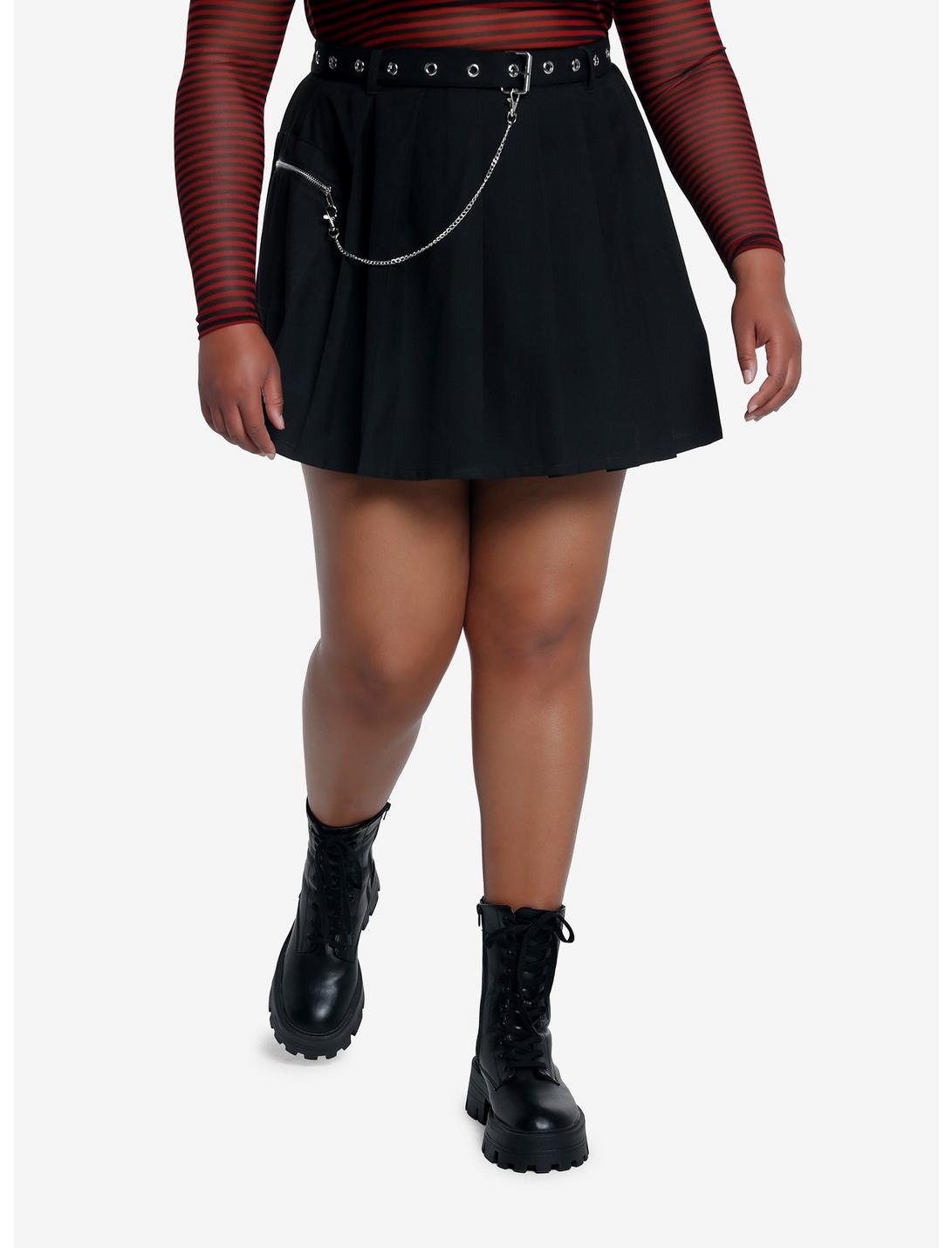 Social Collision Black Grommet Chain Pleated Skirt Plus Size, BLACK, hi-res