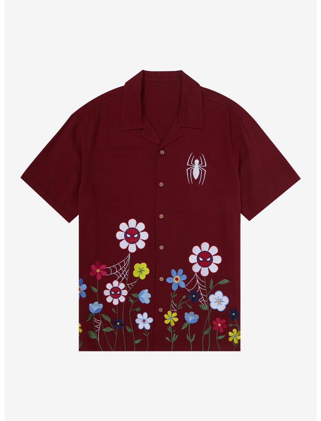 Marvel Spider-Man Flowers Woven Button-Up - BoxLunch Exclusive, DARK RED, hi-res